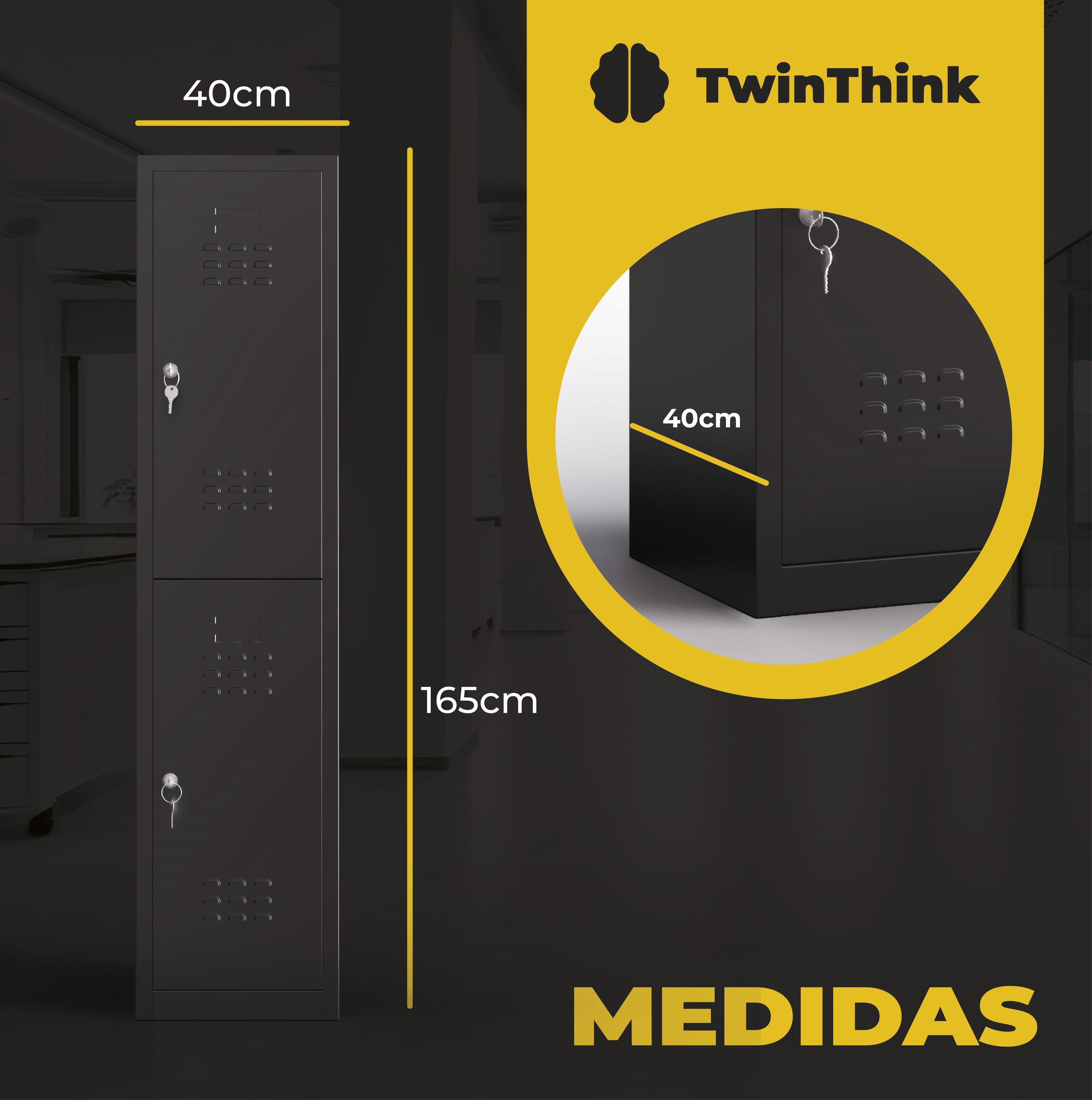 Taquilla metálica negra de 2 puertas TwinThink con medidas de 165 cm de alto y 40 cm de ancho.