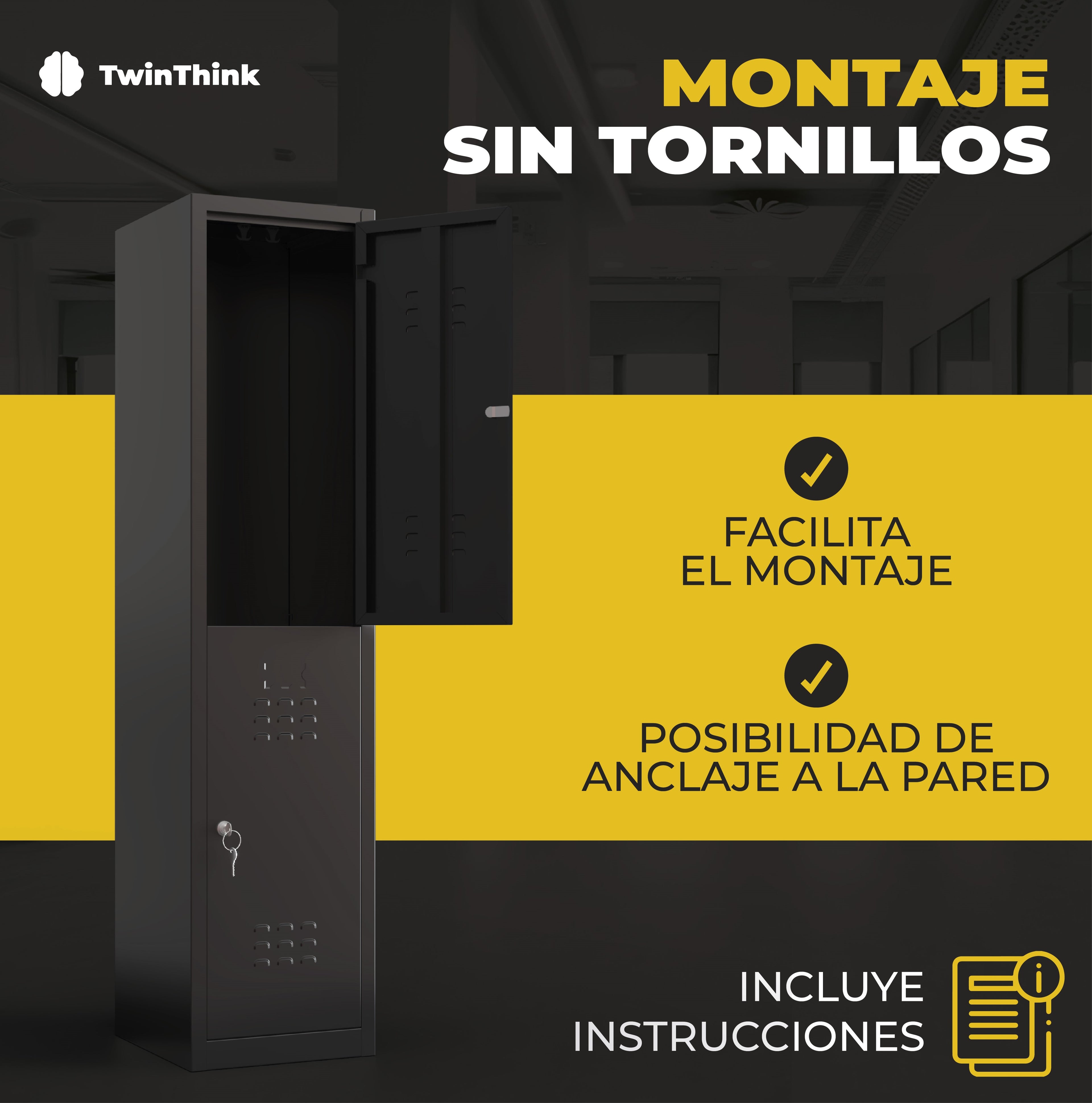 Taquilla metálica negra de 2 puertas TwinThink con sistema de montaje sin tornillos y posibilidad de anclaje a la pared.