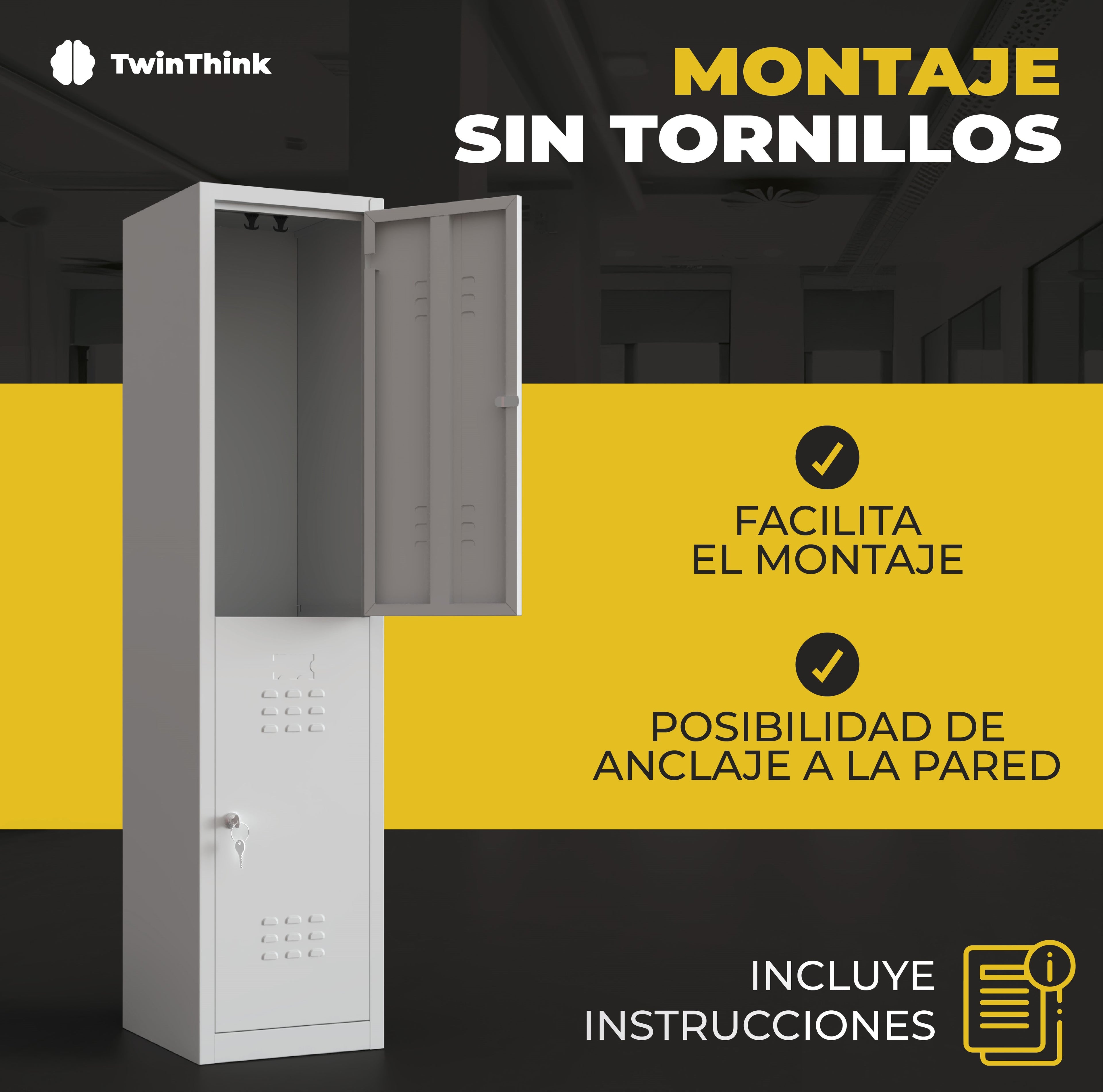 Taquilla metálica negra de 2 puertas TwinThink con montaje sin tornillos, fácil instalación e incluye instrucciones.