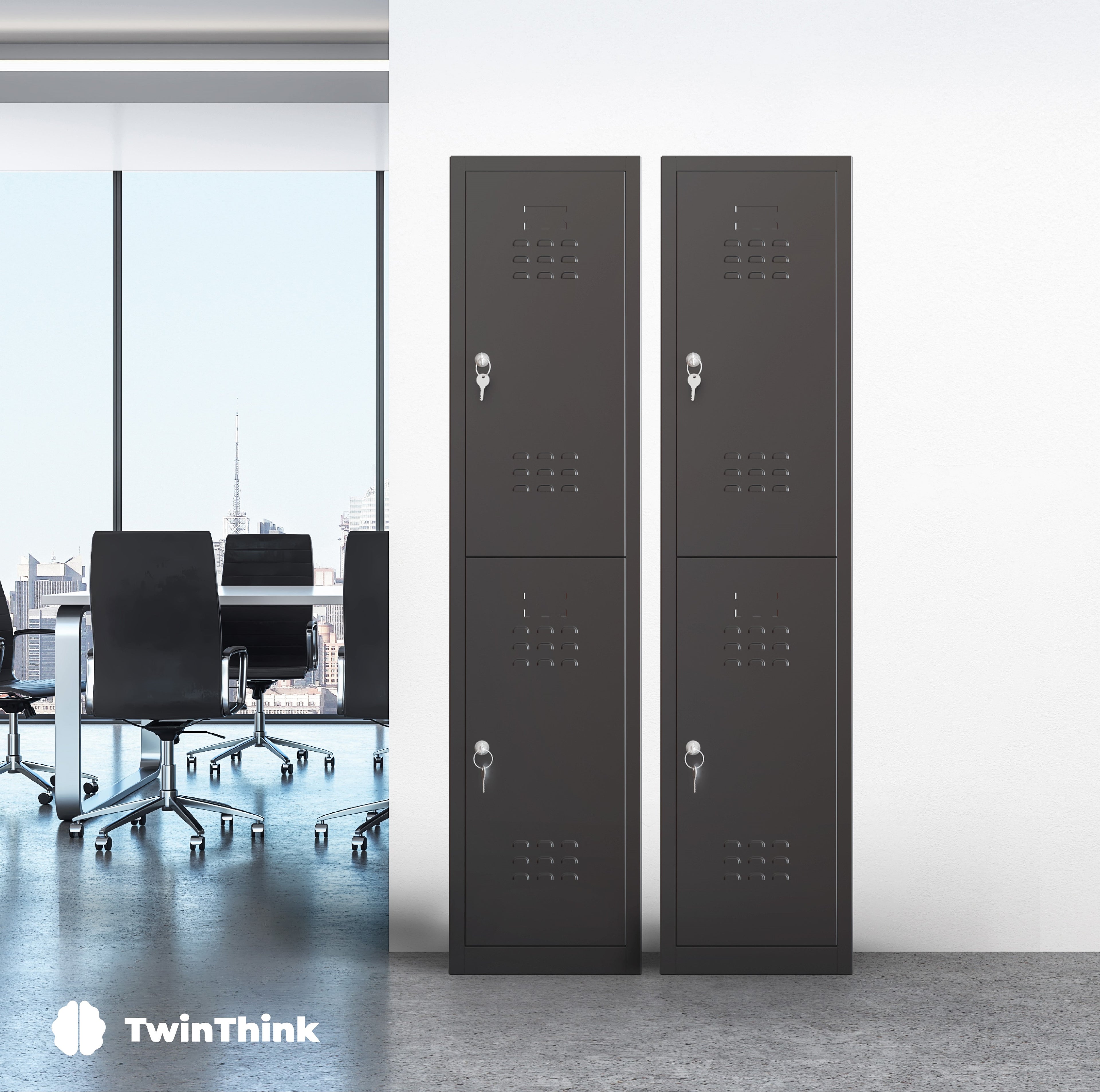 Taquilla metálica negra de 2 puertas TwinThink instalada en oficina moderna con sillas ejecutivas.