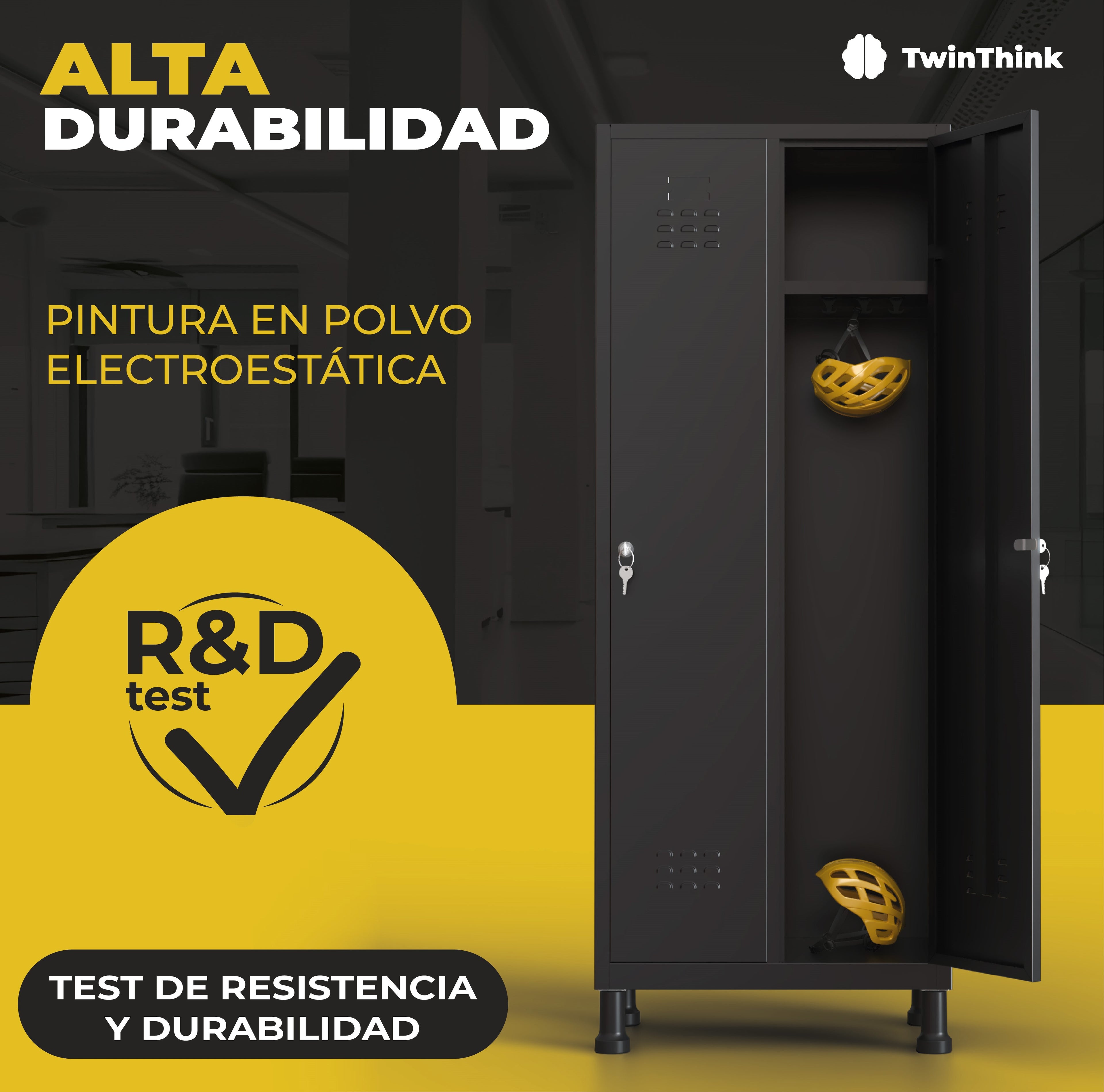 Taquilla metálica de 3 puertas TwinThink en color negro con pintura en polvo electrostática, sometida a test de resistencia y durabilidad.