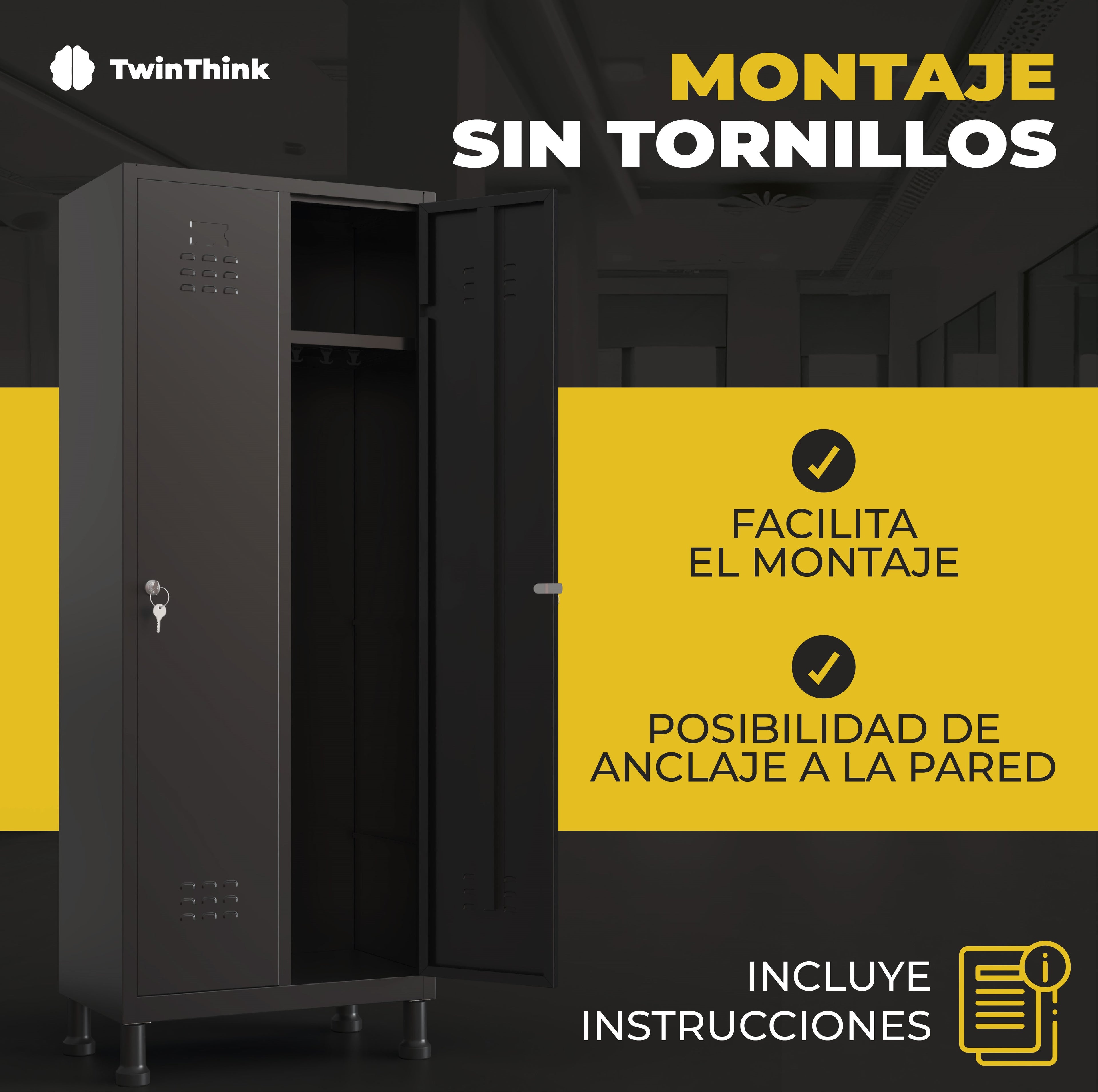 Taquilla metálica de 3 puertas TwinThink en color negro con sistema de montaje sin tornillos y posibilidad de anclaje a la pared.