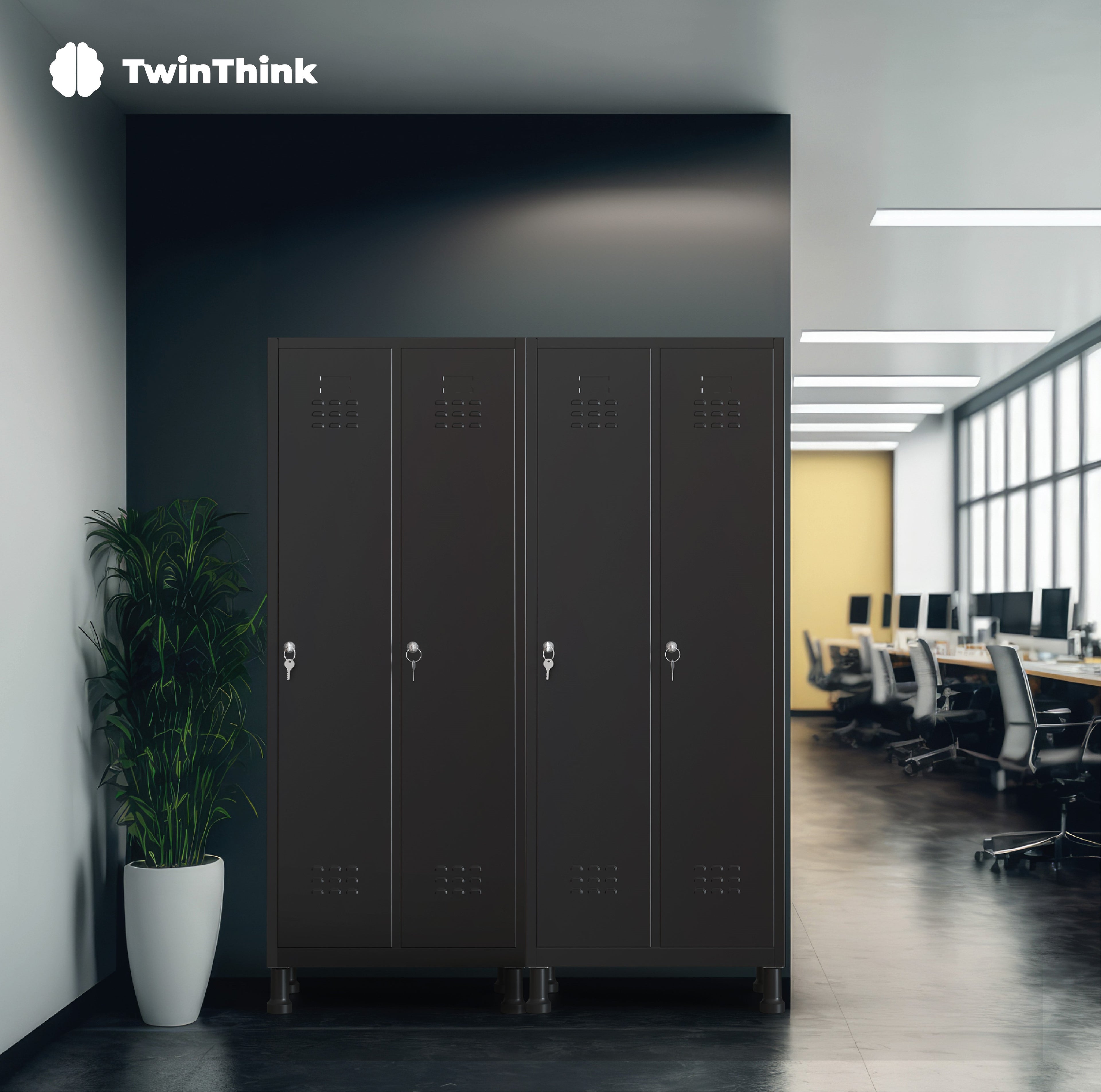 Taquilla metálica de 3 puertas TwinThink en color negro, ideal para oficinas, gimnasios y espacios industriales, con cerradura de llave y diseño resistente.