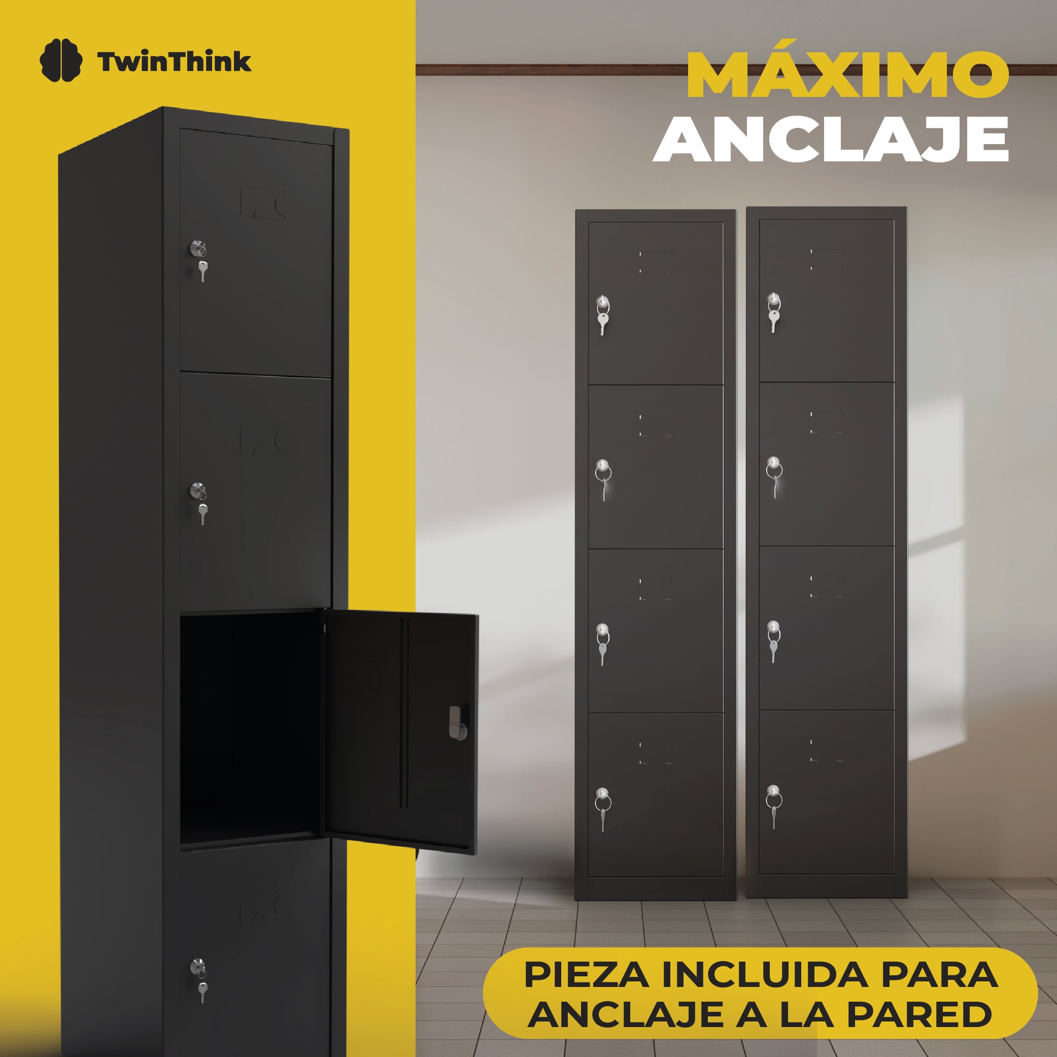 Taquilla metálica negra 3 puertas TwinThink con cerradura de seguridad doble llave y pieza incluida para anclaje a la pared