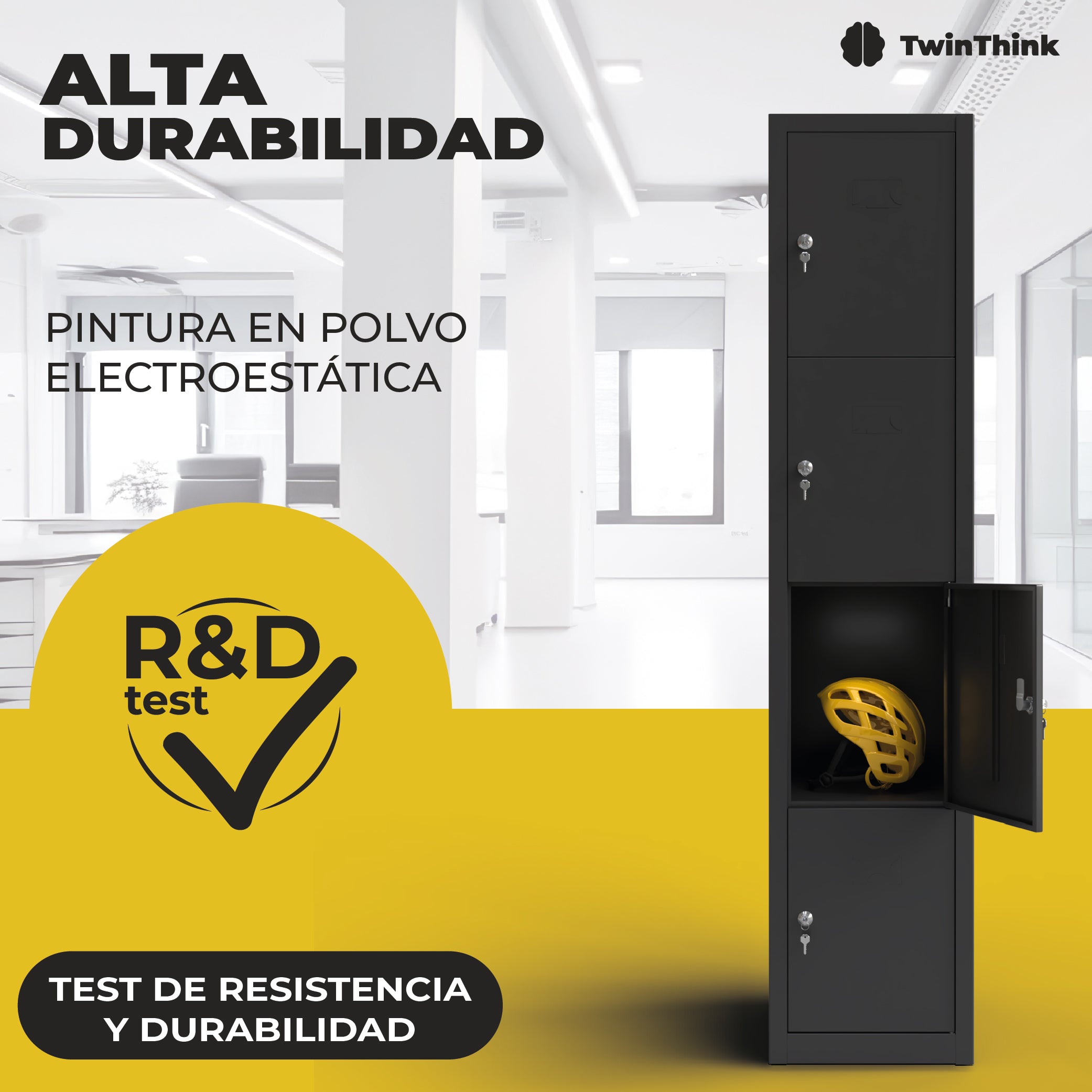 Taquilla metálica negra 3 puertas TwinThink con pintura en polvo electrostática, alta durabilidad y test de resistencia R&D