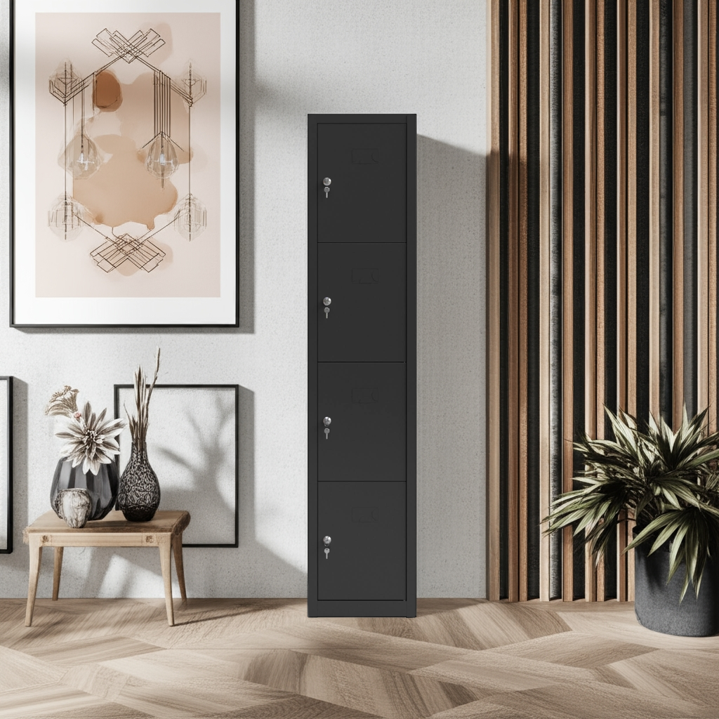 Taquilla metálica negra 3 puertas TwinThink vista frontal, cerradura de seguridad doble llave en ambiente moderno con decoración