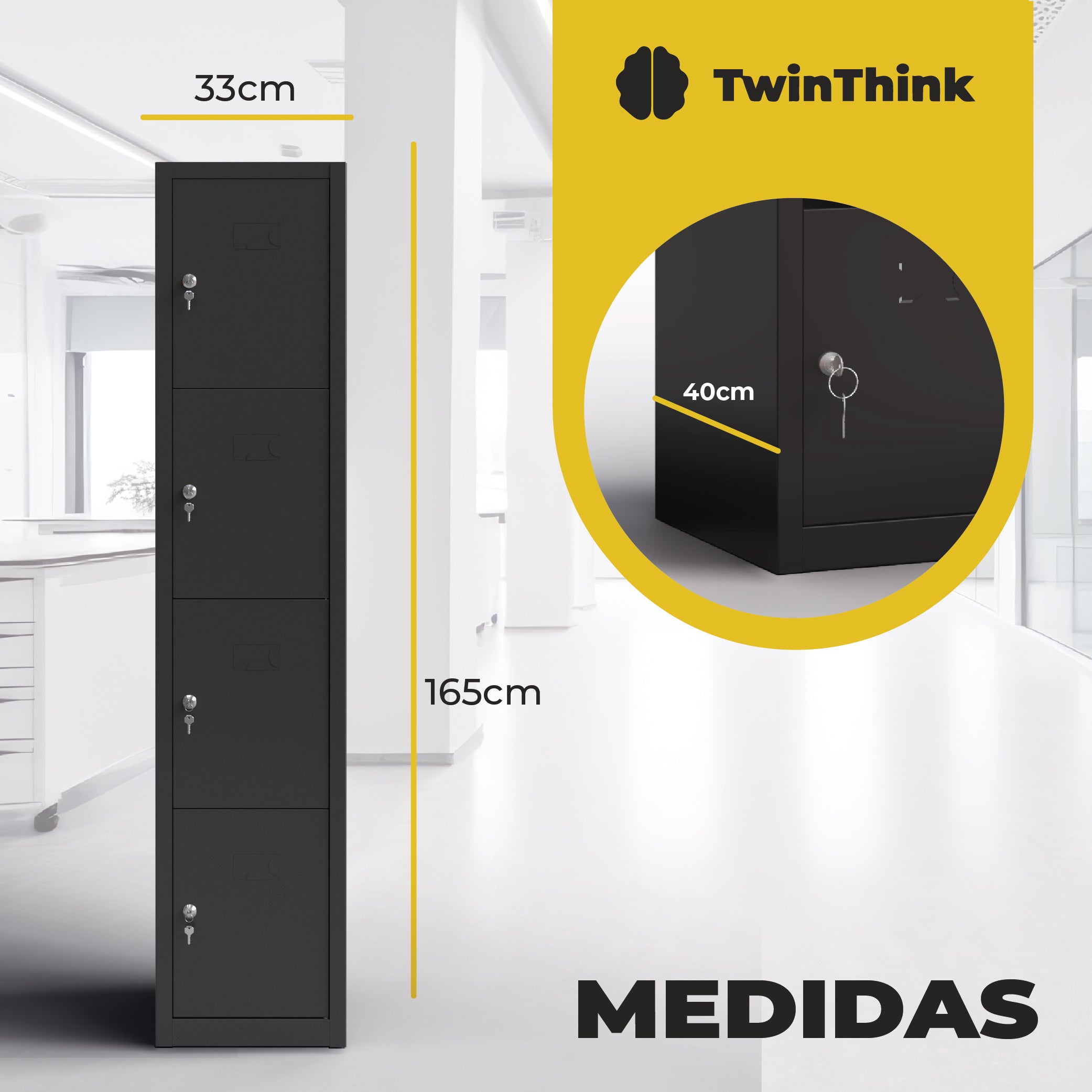 Taquilla metálica negra 3 puertas TwinThink con medidas 165 cm alto, 40 cm fondo y 33 cm ancho por puerta