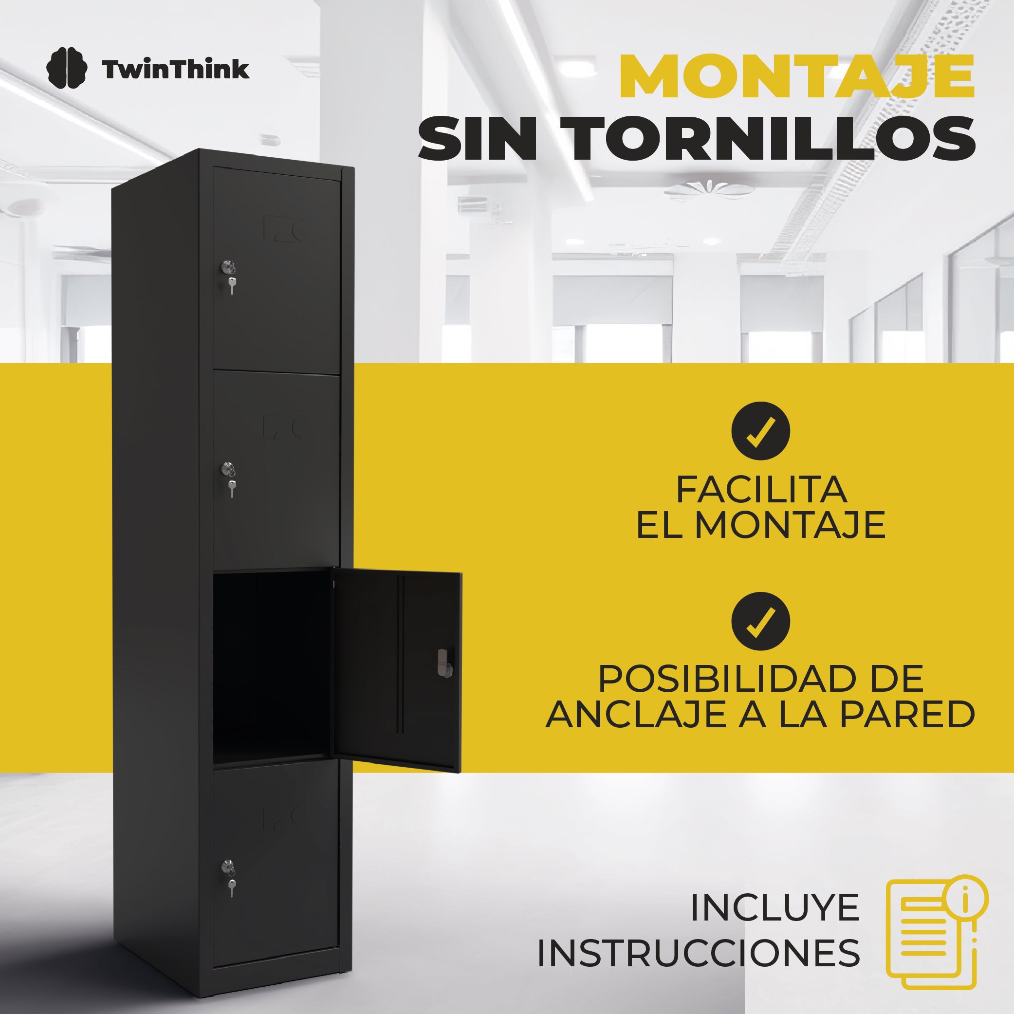 Taquilla metálica negra 3 puertas TwinThink con montaje sin tornillos, fácil instalación y posibilidad de anclaje a la pared