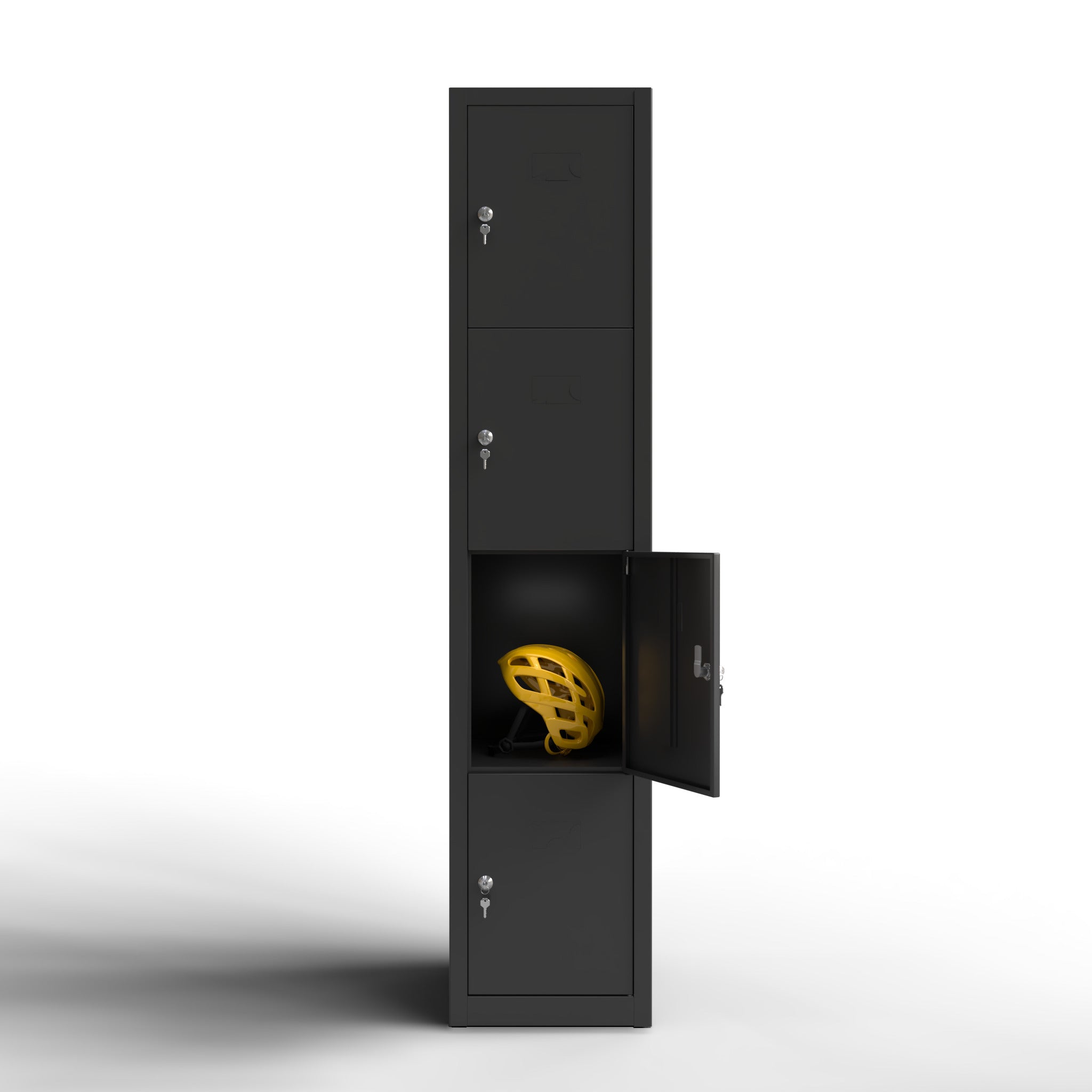 Taquilla metálica negra 3 puertas TwinThink con cerradura doble llave y compartimento abierto mostrando casco de seguridad