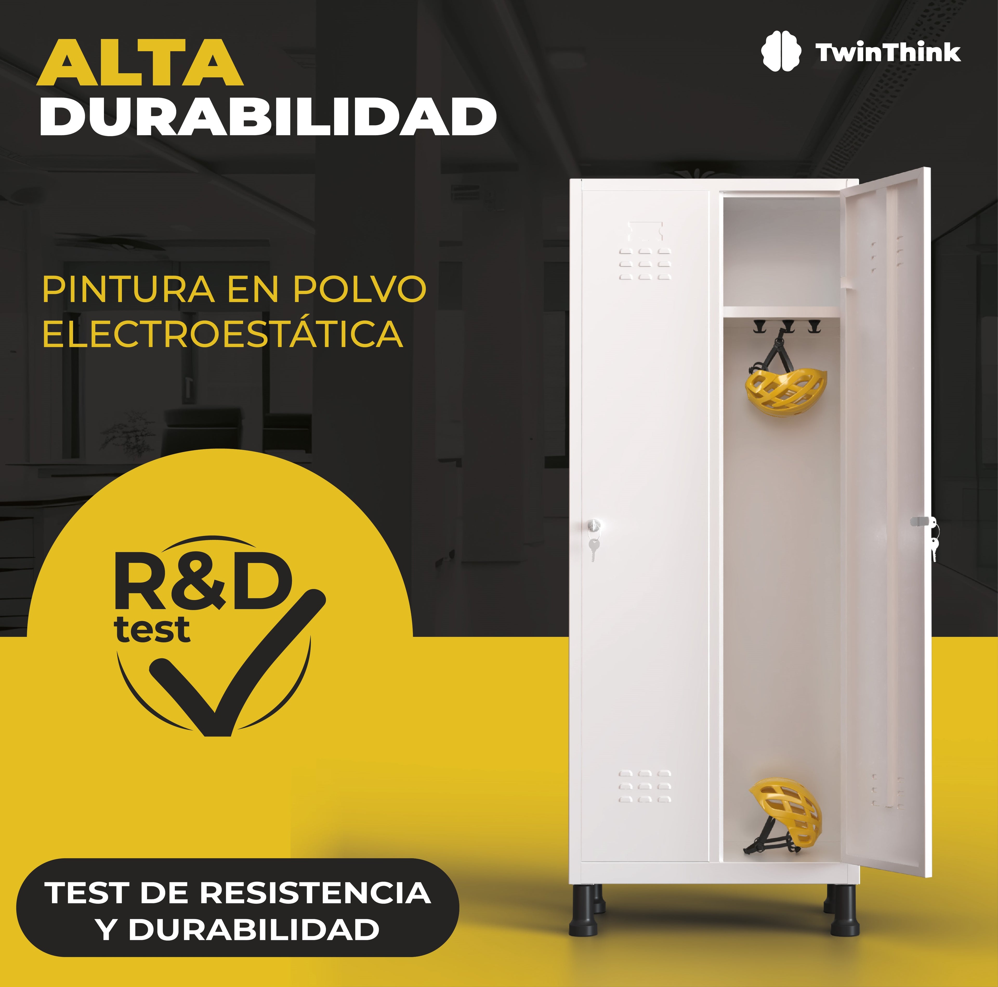 Taquilla metálica de 4 puertas TwinThink con pintura en polvo electrostática, sometida a test de resistencia y durabilidad para máxima protección.