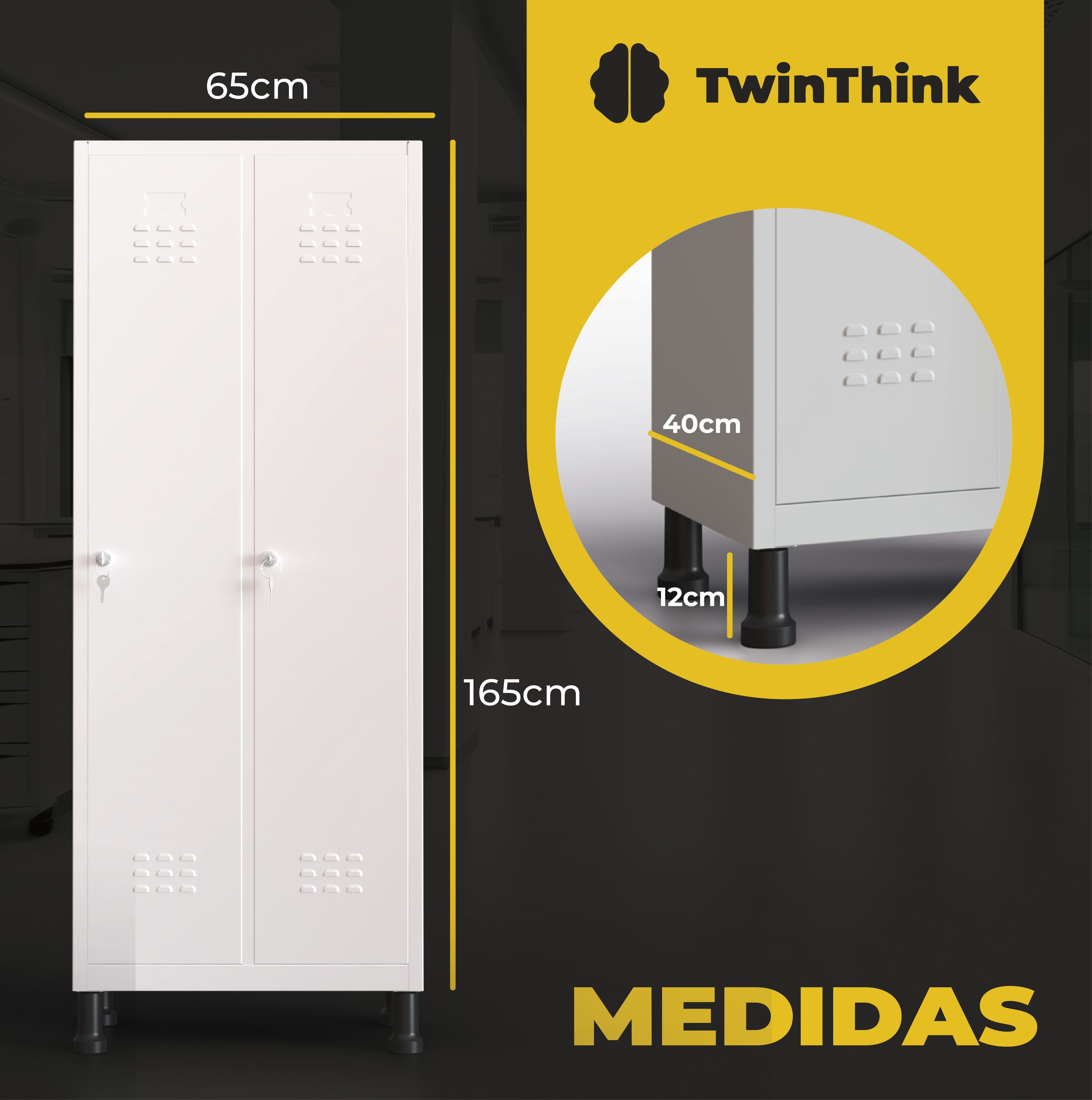 Taquilla metálica de 4 puertas TwinThink con medidas de 165 cm de alto, 65 cm de ancho y 40 cm de fondo, incluye cerradura de seguridad con llaves.