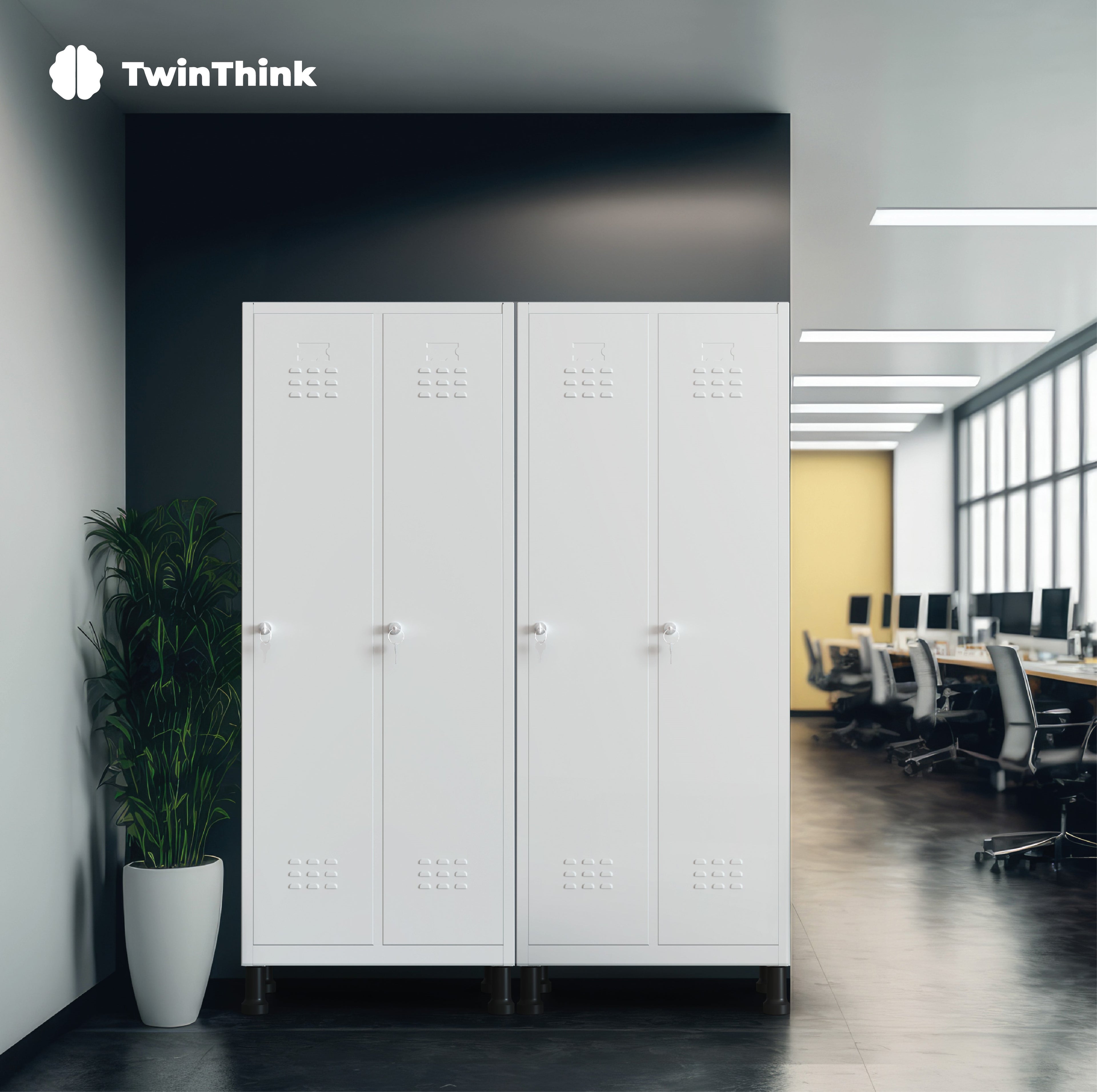 Taquilla metálica de 4 puertas TwinThink con cerradura de seguridad y llaves incluidas, ideal para oficinas, colegios, gimnasios y espacios industriales.