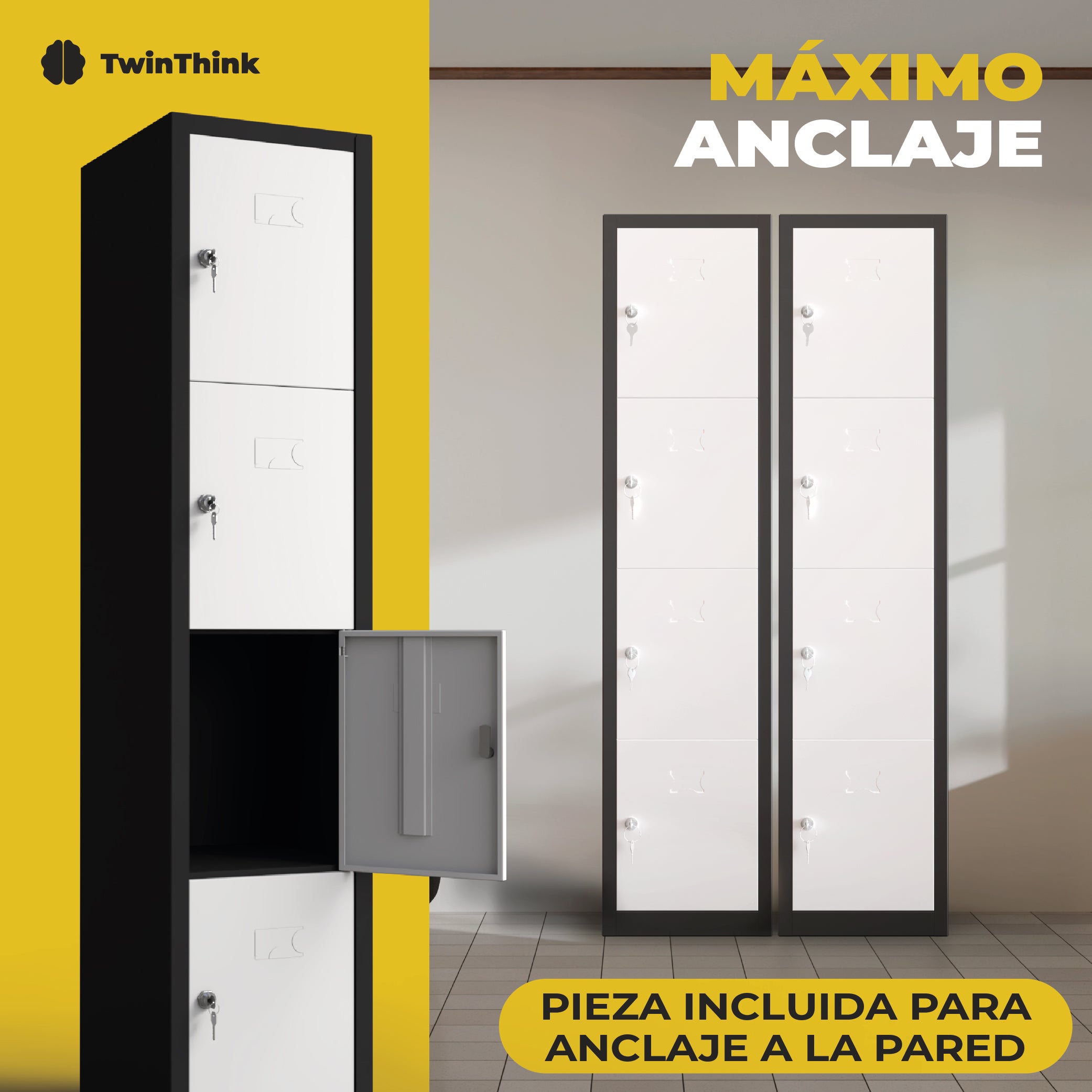 Taquilla metálica 4 puertas TwinThink blanca y negra con cerradura de seguridad y pieza incluida para anclaje a la pared