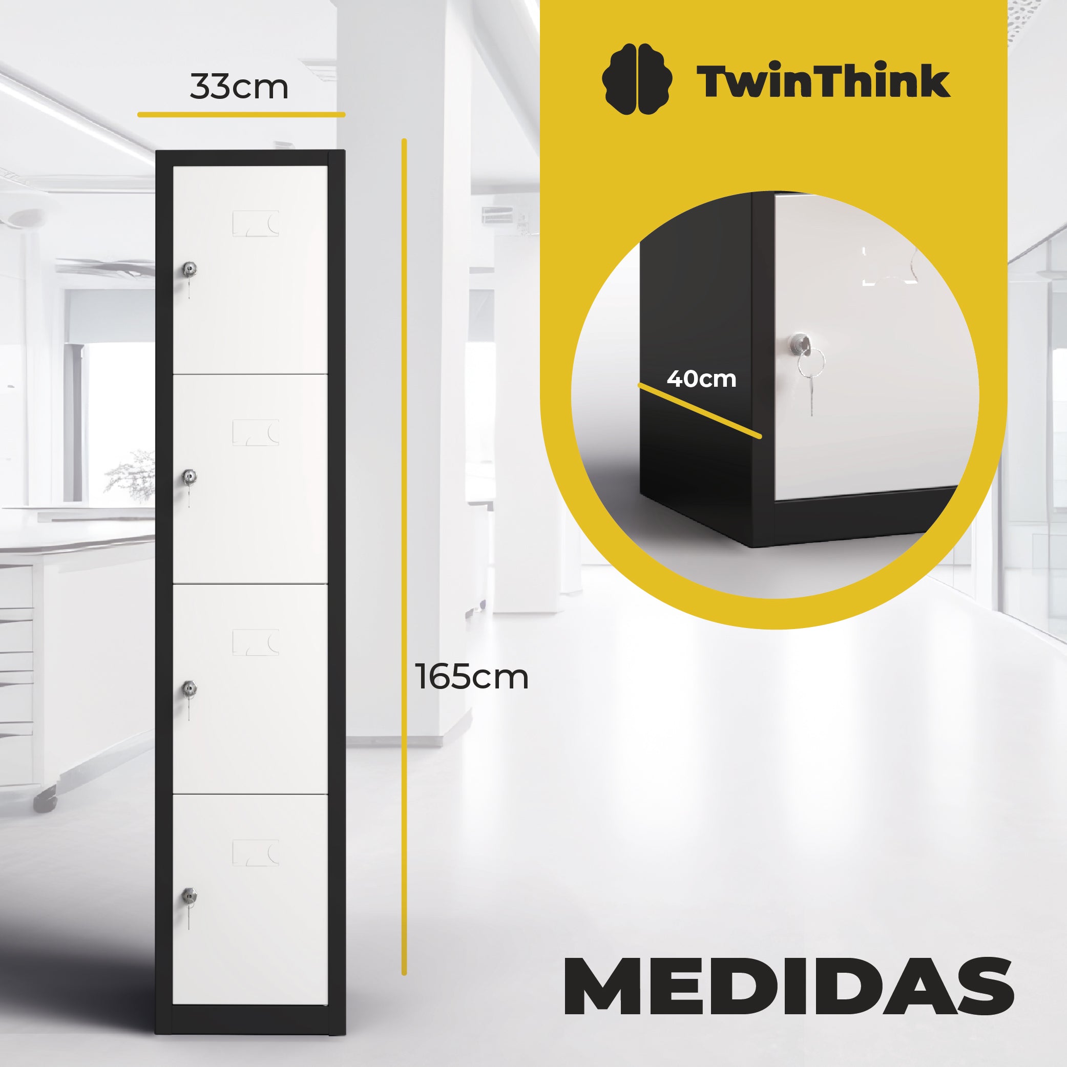 Taquilla metálica 4 puertas TwinThink blanca y negra con medidas 165 cm alto, 40 cm fondo y 33 cm ancho por puerta