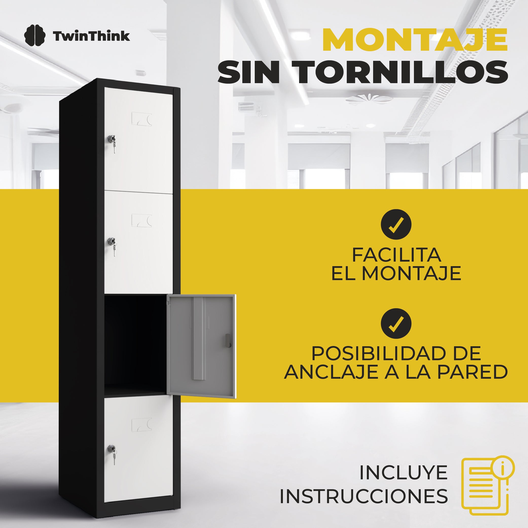 Taquilla metálica 4 puertas TwinThink blanca y negra con montaje sin tornillos, incluye instrucciones y opción de anclaje a la pared
