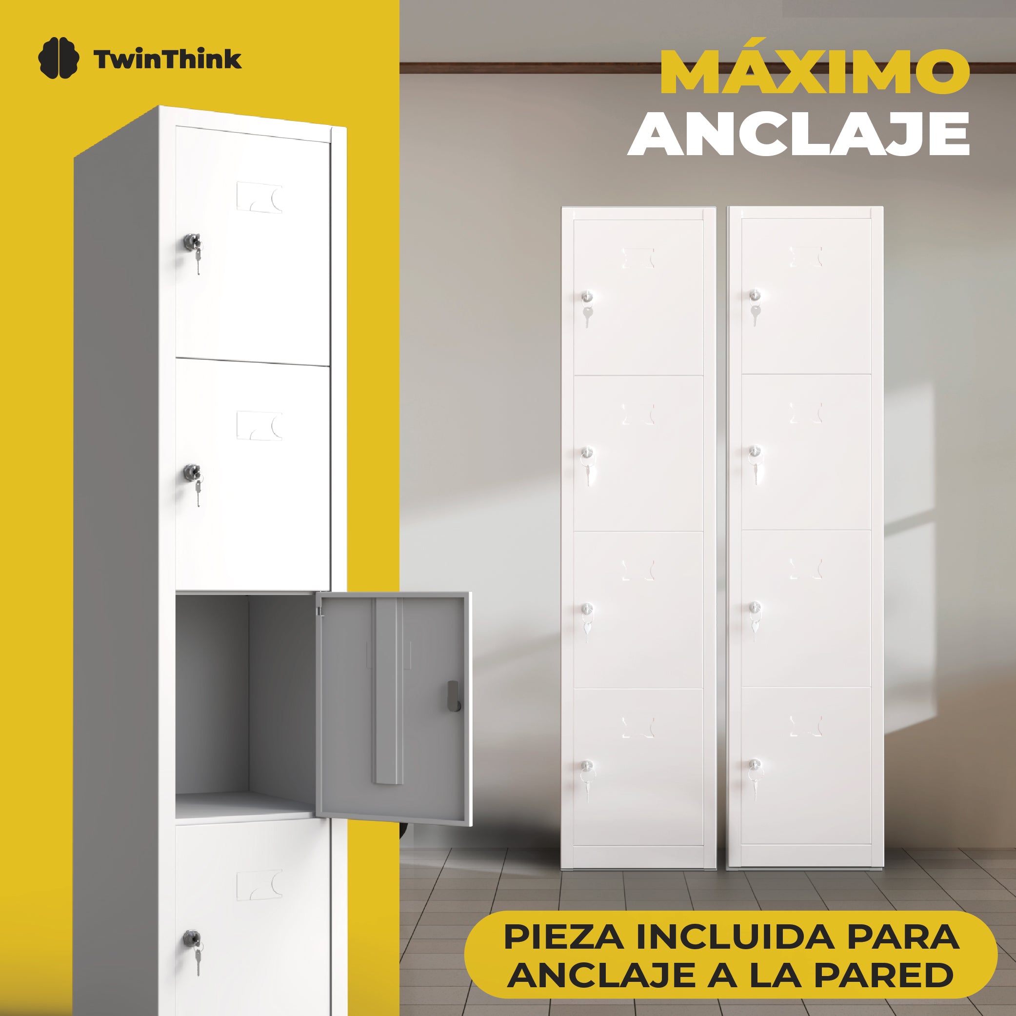 Taquilla metálica blanca 4 puertas TwinThink con pintura electrostática y alta durabilidad