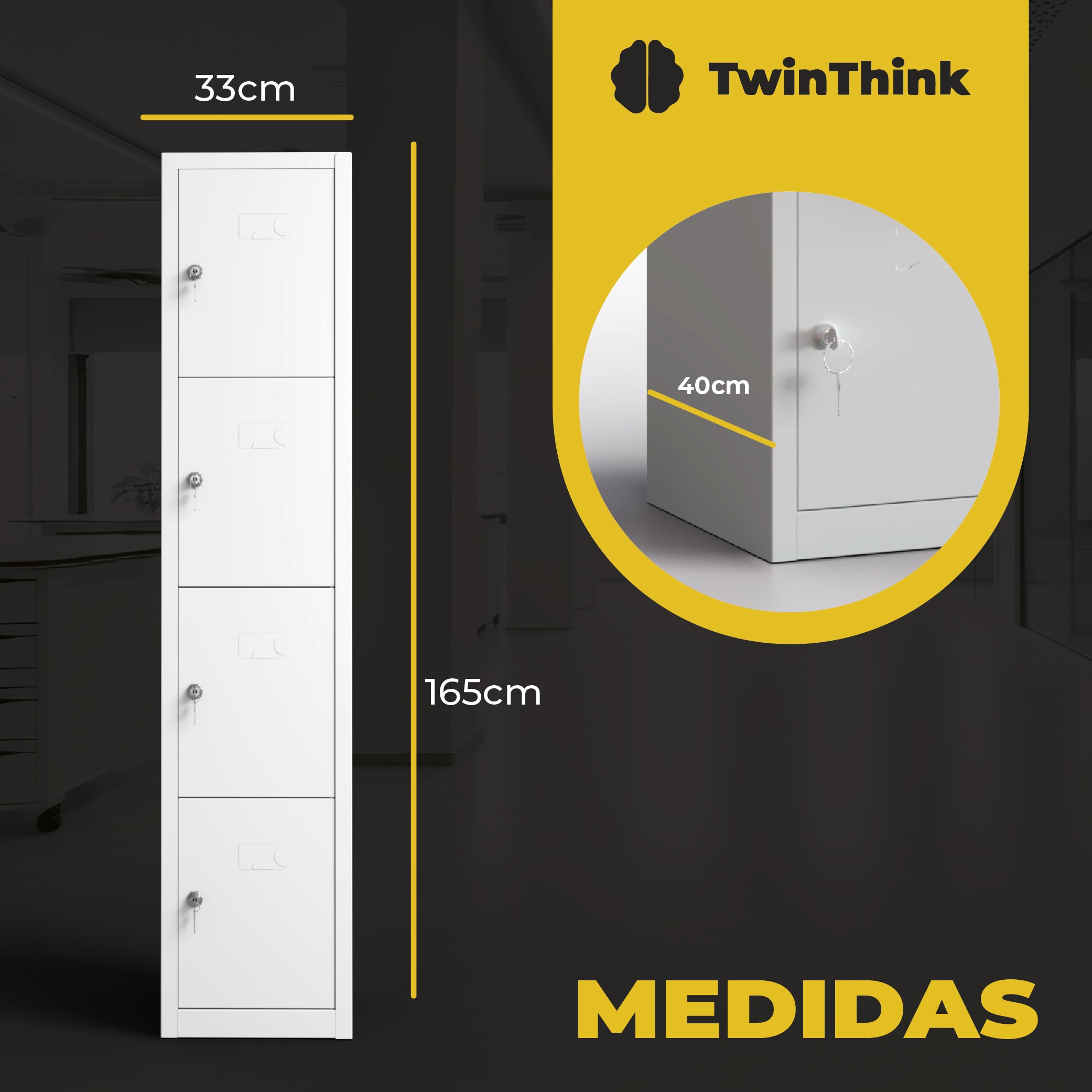 Taquilla metálica blanca 4 puertas TwinThink con medidas 165x40x33 cm y cerradura doble llave
