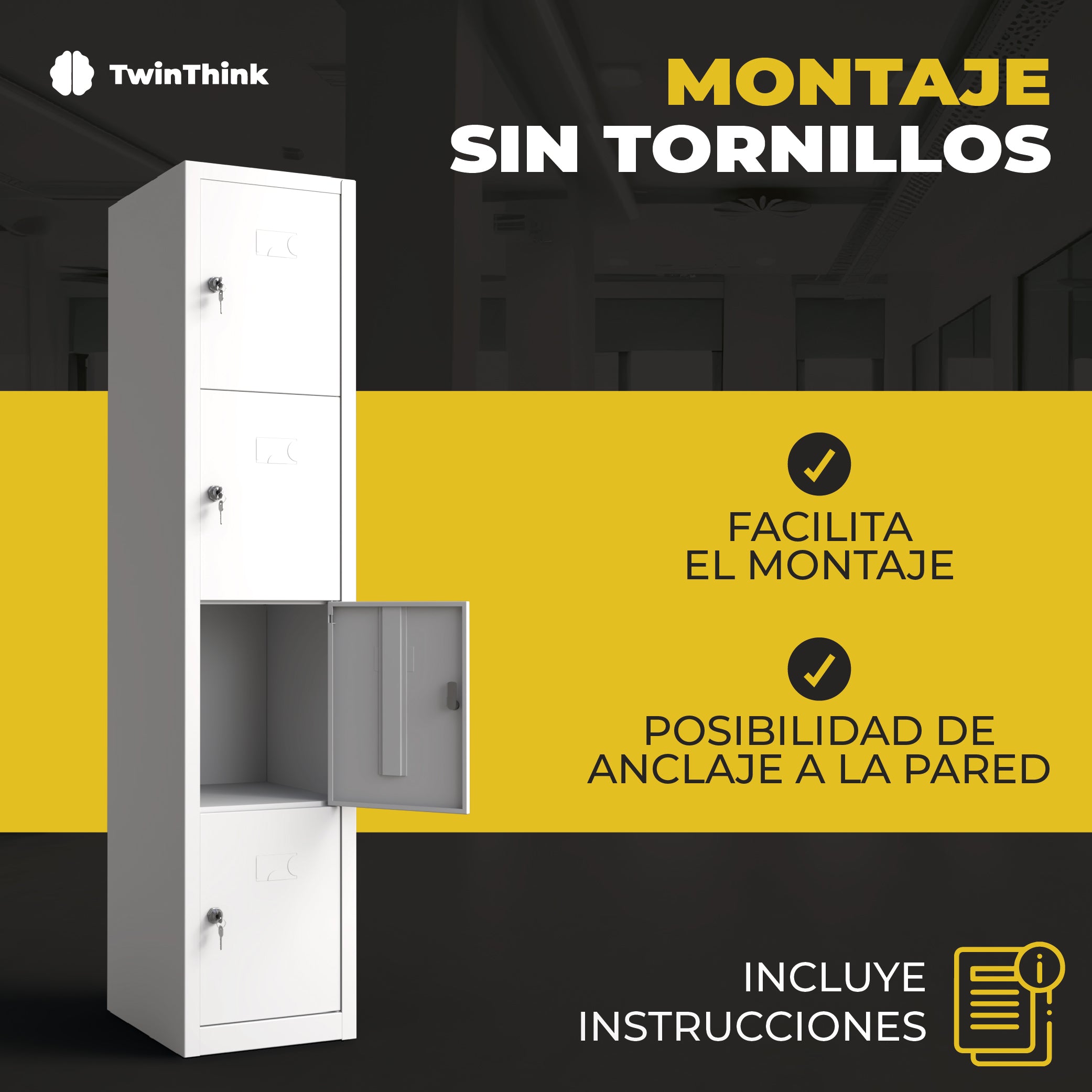 Taquilla metálica blanca 4 puertas TwinThink con montaje sin tornillos y cerradura de seguridad