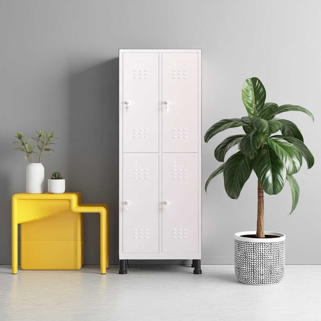 Taquilla metálica 4 puertas blanco TwinThink, vista lateral abierta, resistente y funcional para colegios y gimnasios.