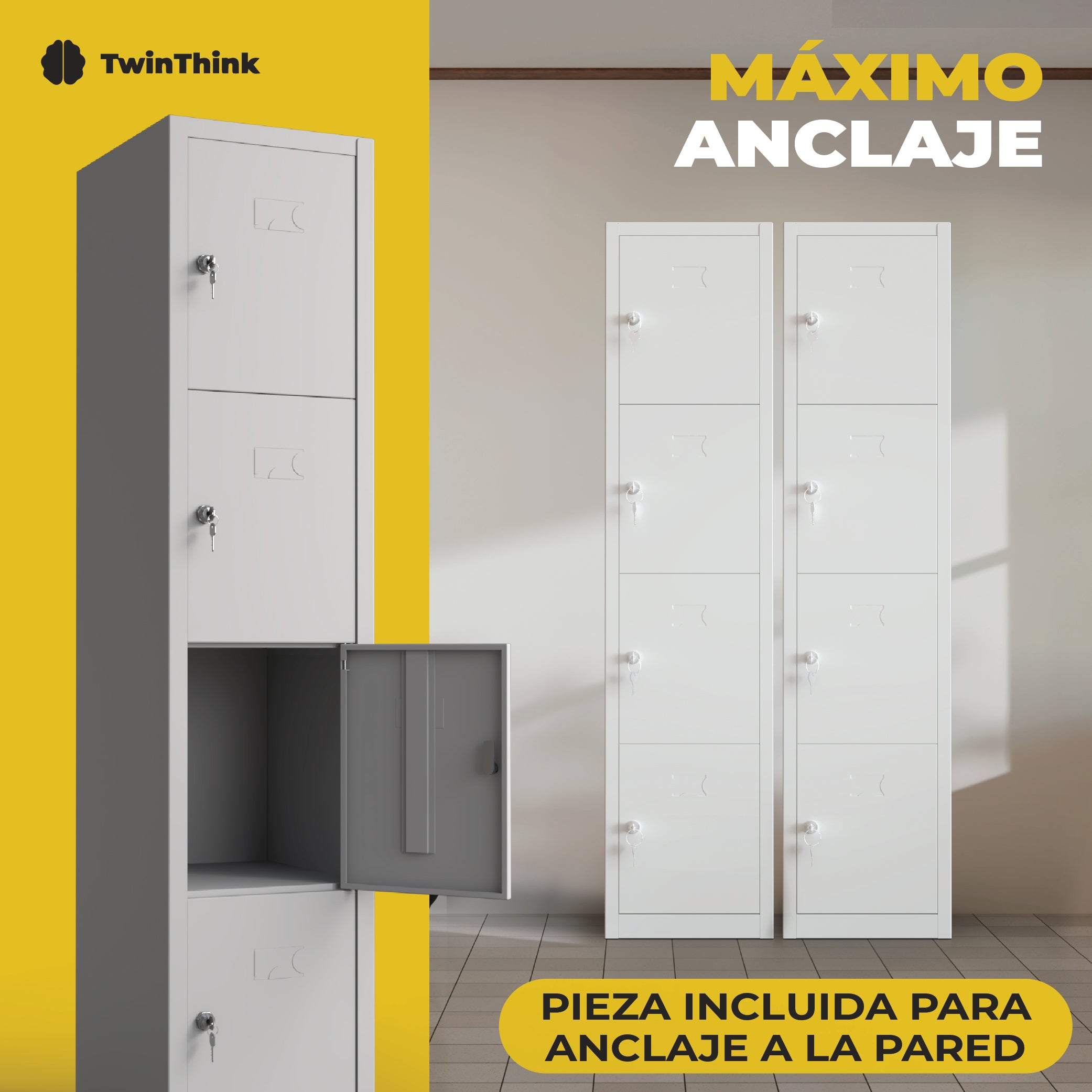 Taquilla metálica gris 4 puertas TwinThink con opción de máximo anclaje a la pared, vista frontal con puerta abierta