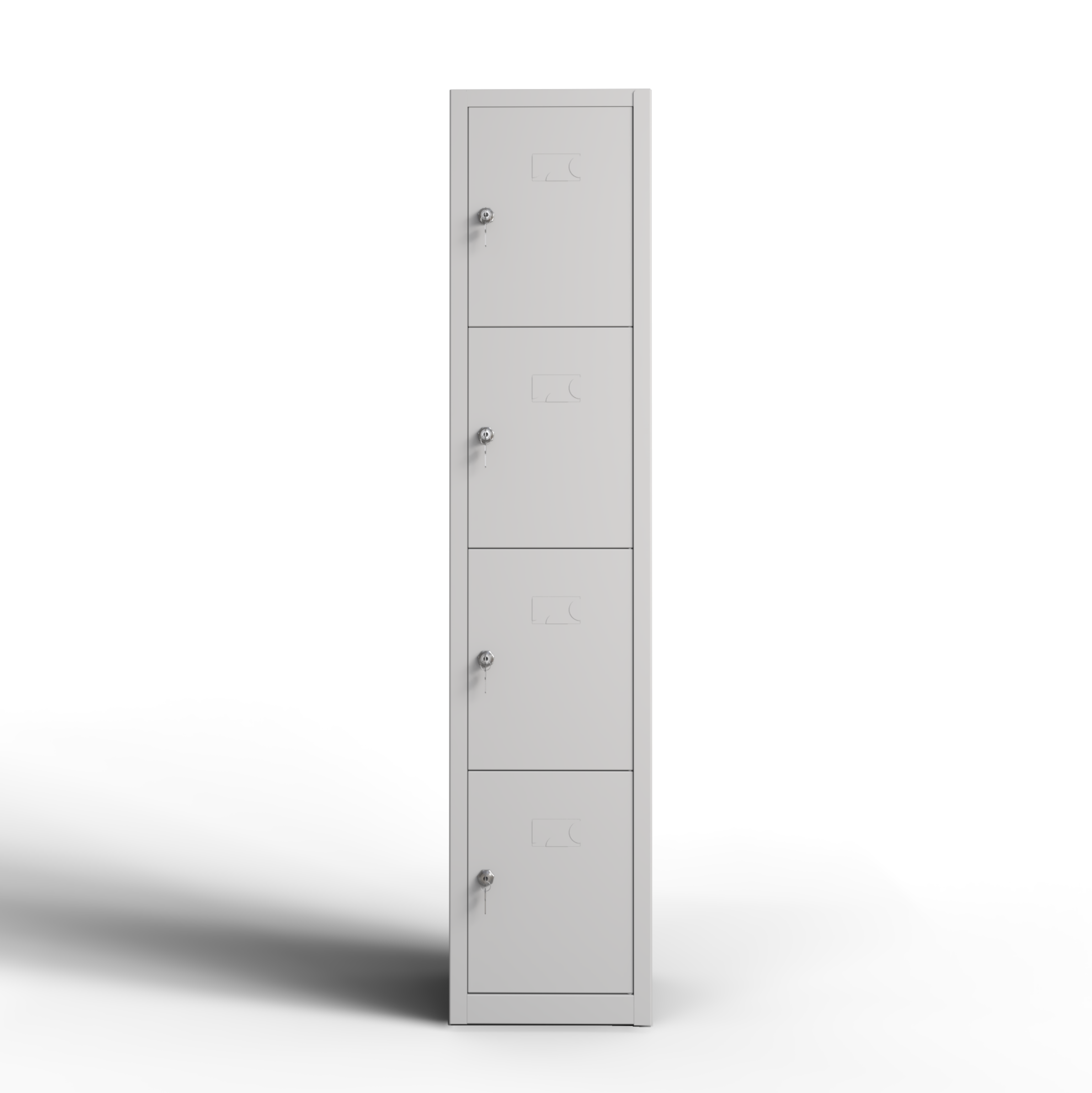 Taquilla metálica gris de 4 puertas TwinThink vista frontal cerrada con cerraduras seguras