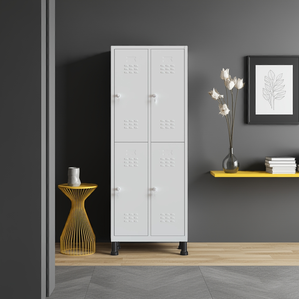 Taquilla metálica gris de 4 puertas TwinThink en ambiente moderno con mesa auxiliar y lámpara decorativa.