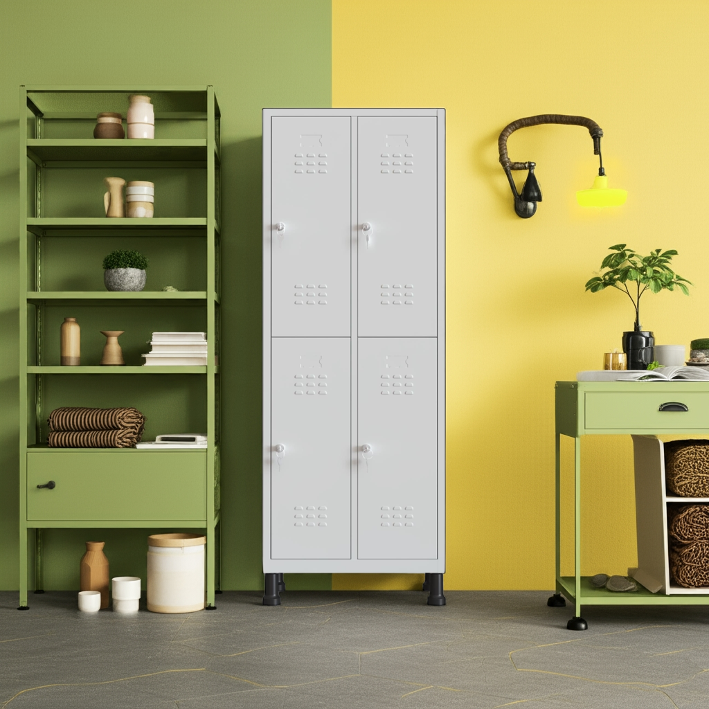 Taquilla metálica 4 puertas gris TwinThink en espacio con pared amarilla y decoración moderna.