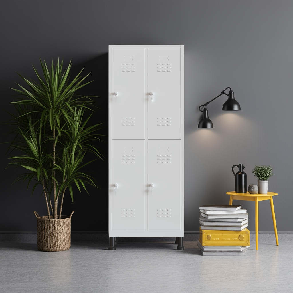 Taquilla metálica gris de 4 puertas TwinThink junto a planta decorativa, mesa auxiliar amarilla y lámpara de pared.