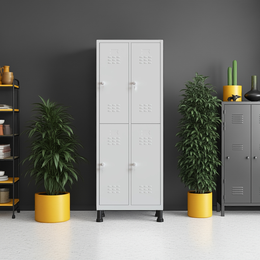 Taquilla metálica gris de 4 puertas TwinThink junto a plantas decorativas y accesorios amarillos.