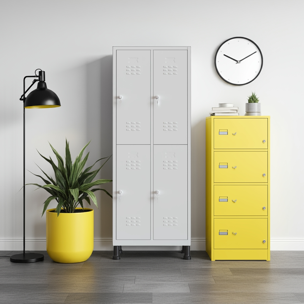 Taquilla metálica gris de 4 puertas TwinThink con cajonera amarilla, planta y reloj de pared.