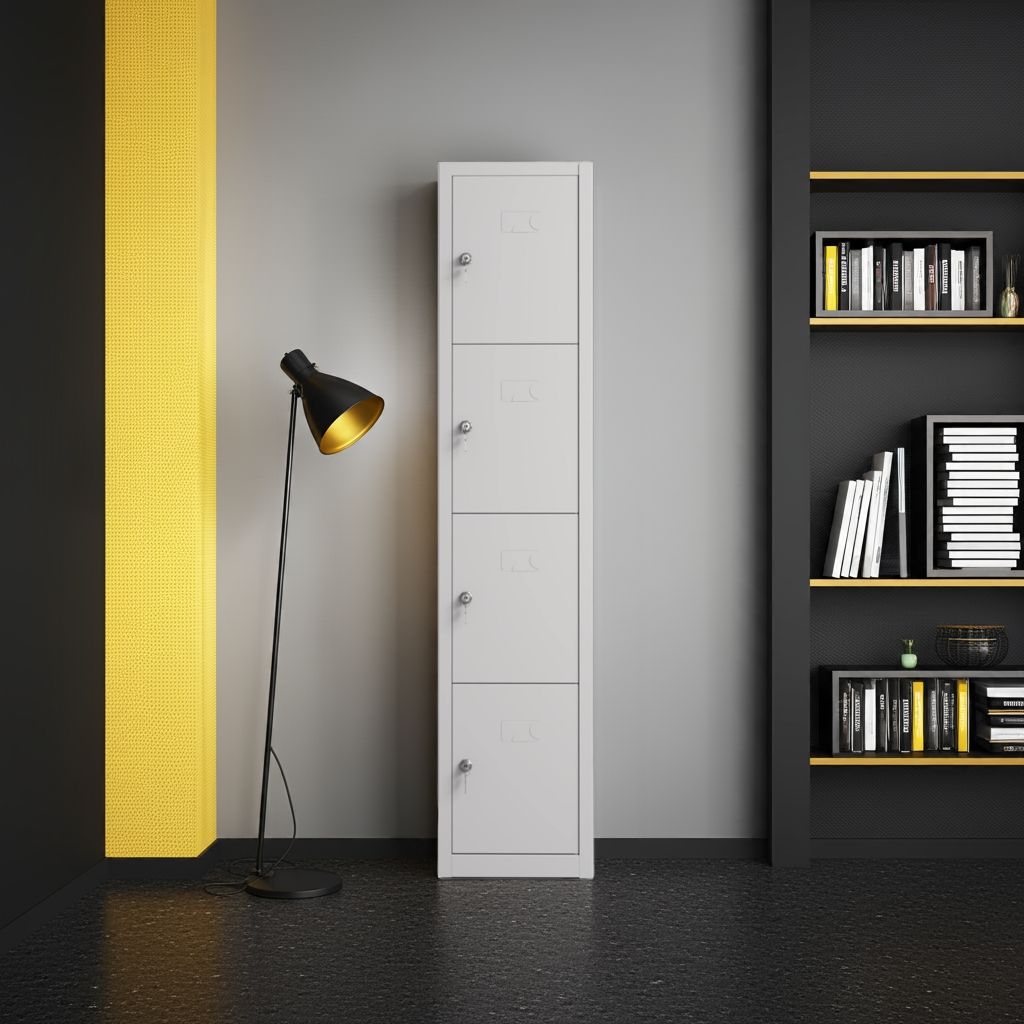 Taquilla metálica gris 4 puertas TwinThink estilo lifestyle en oficina moderna con lámpara de pie negra y estantería decorativa