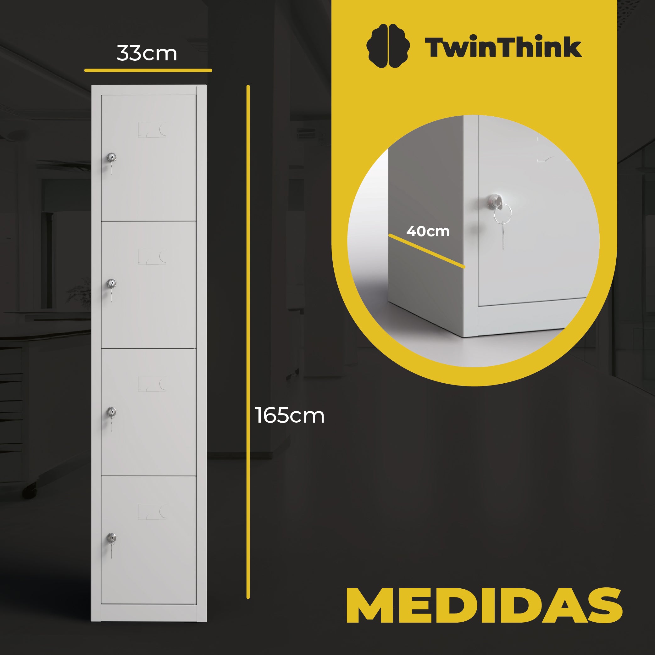 Taquilla metálica gris 4 puertas TwinThink con medidas 165x40x33 cm, cerradura doble llave y diseño resistente