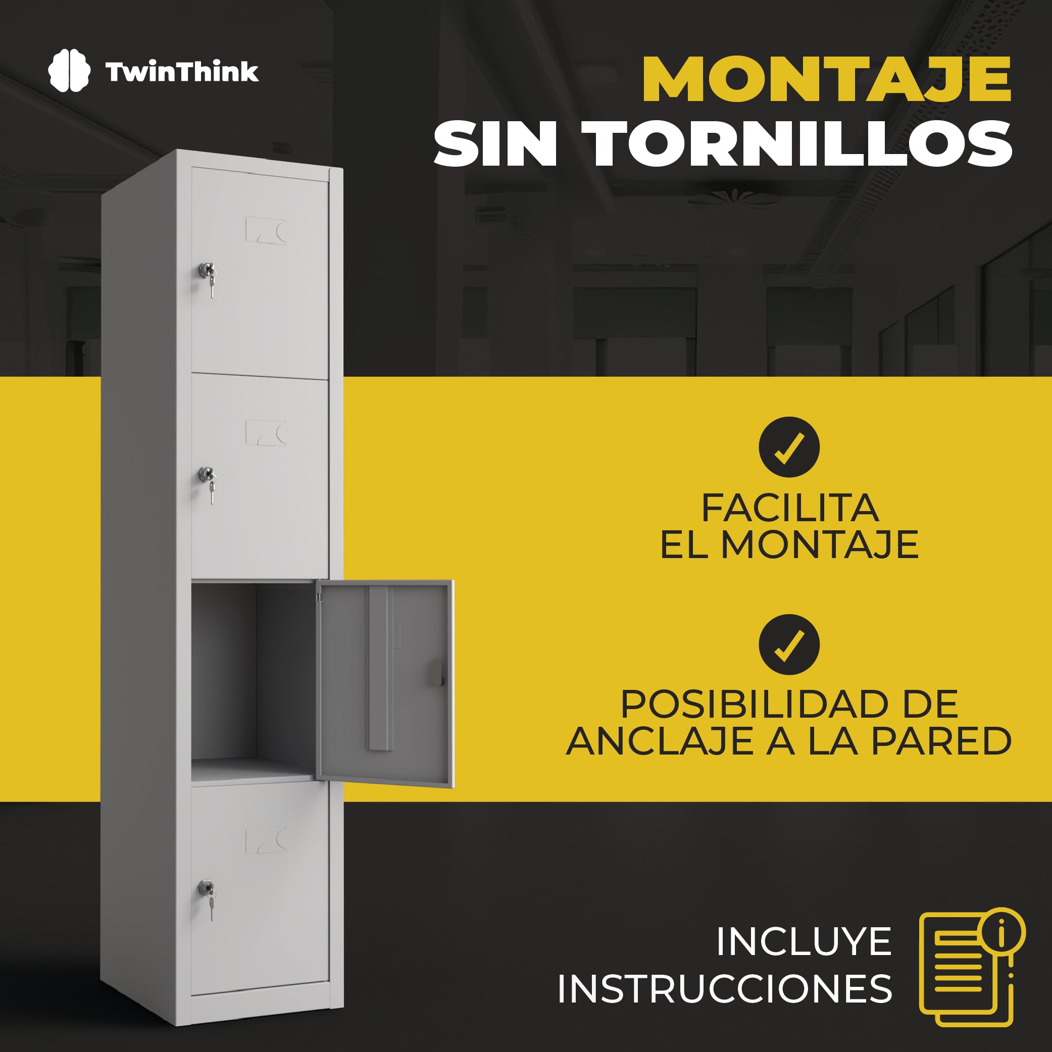 Taquilla metálica gris 4 puertas TwinThink con montaje sin tornillos, posibilidad de anclaje a la pared e instrucciones incluidas