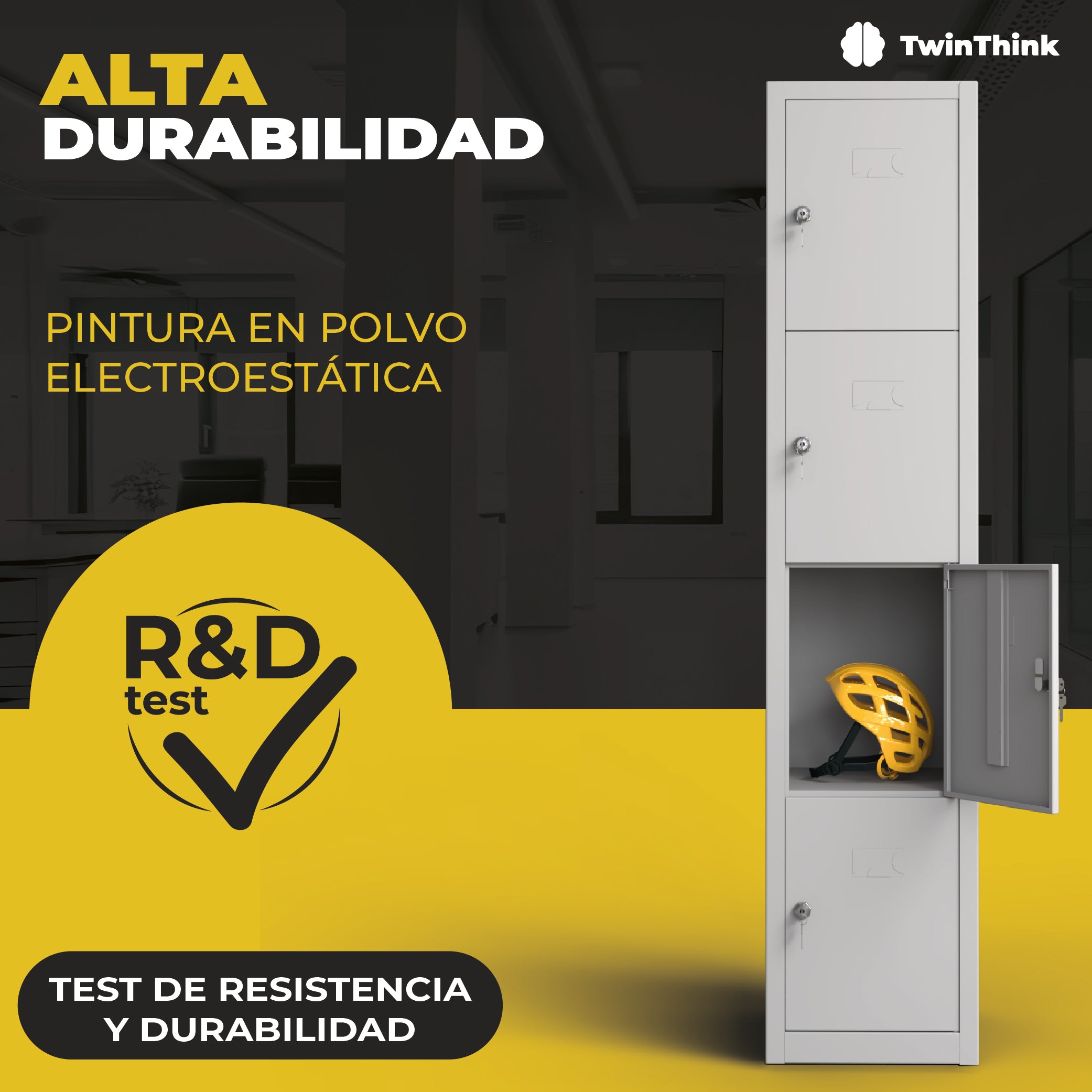 Taquilla metálica gris 4 puertas TwinThink con pintura en polvo electrostática, puerta abierta y casco de seguridad en test de resistencia y durabilidad