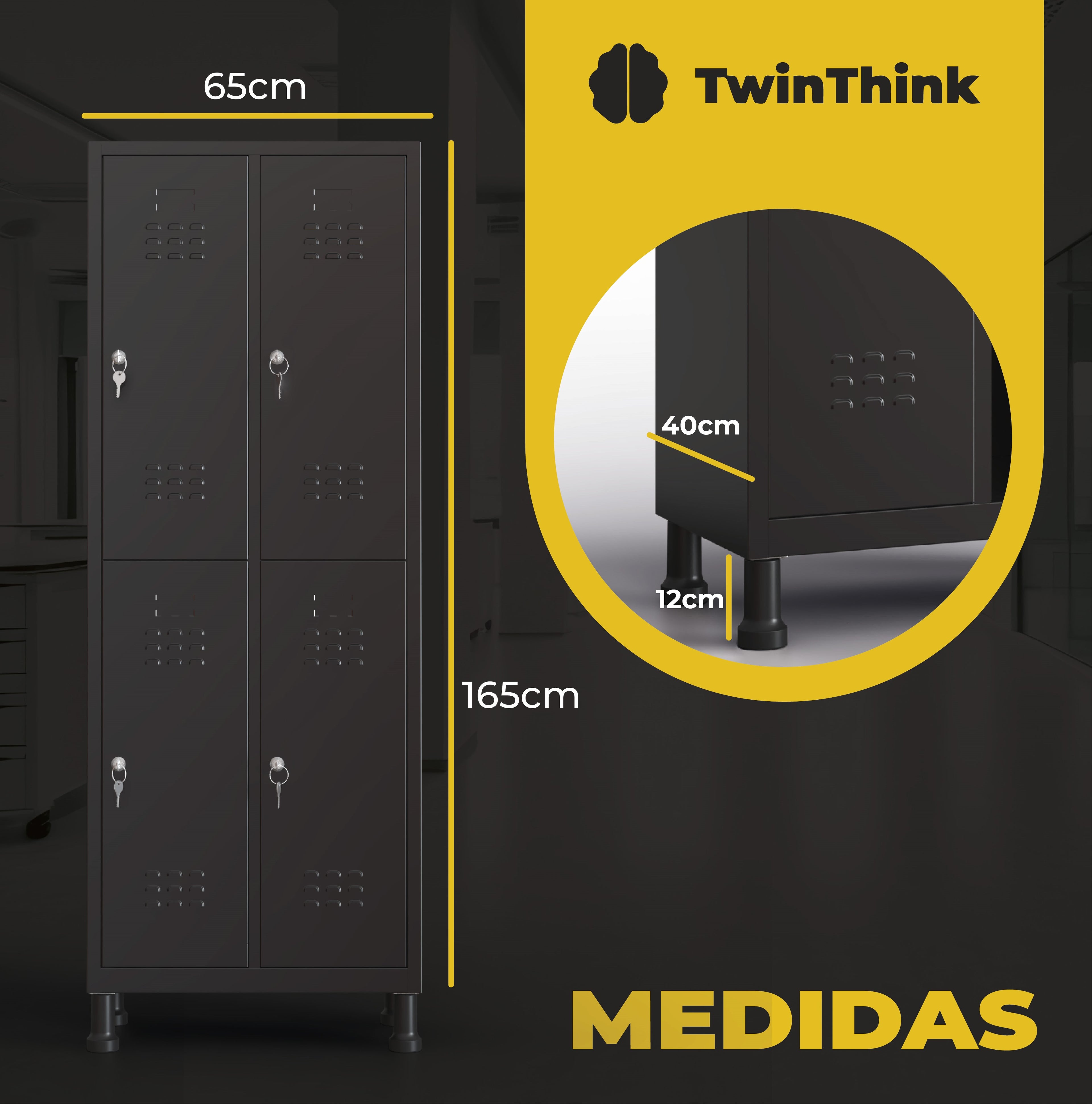 Taquilla metálica negra TwinThink de 4 puertas, ideal para oficinas, gimnasios y vestuarios, con cerradura segura y diseño resistente.