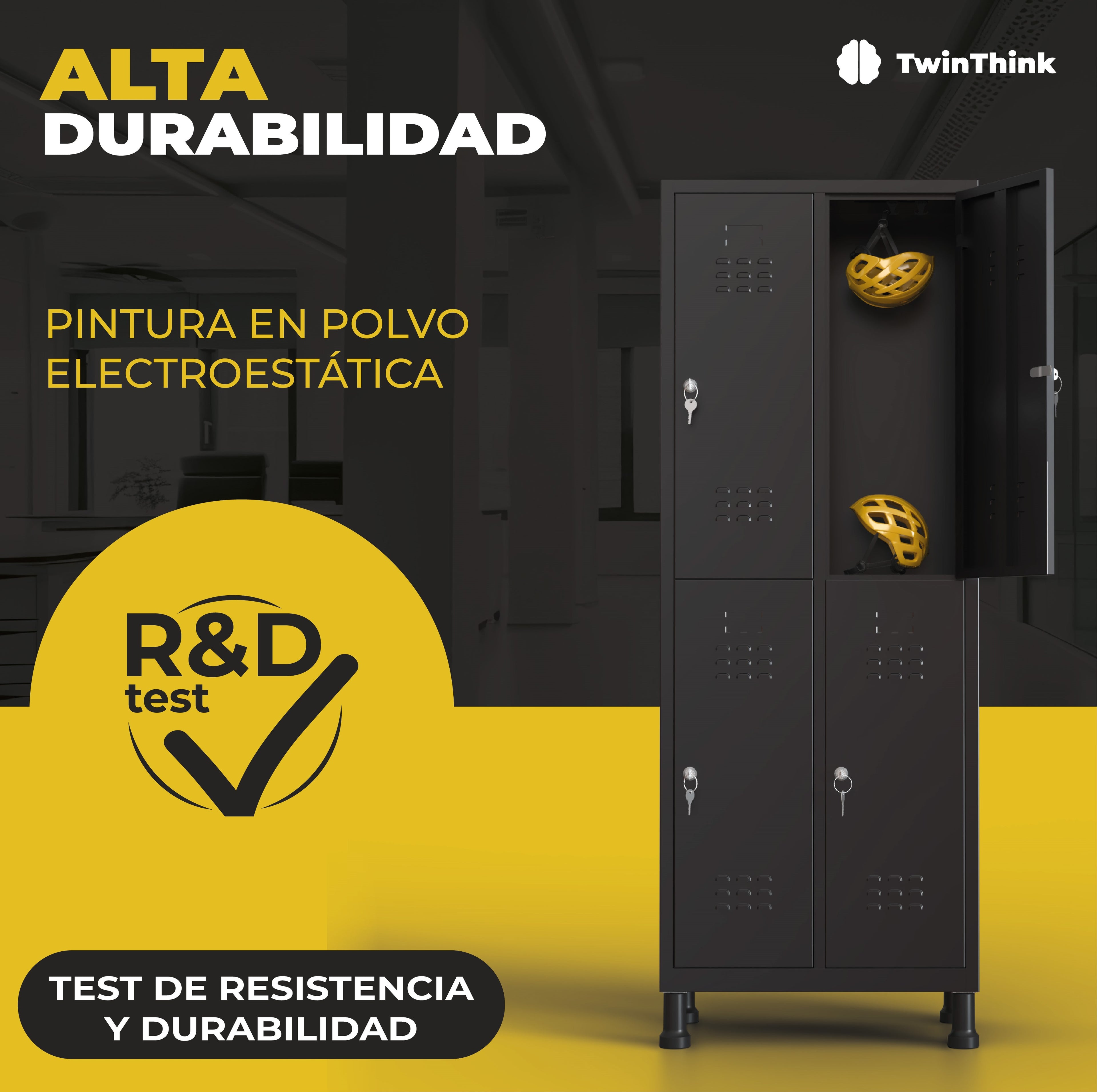 Taquilla metálica negra TwinThink de 8 puertas con pintura electrostática en polvo para mayor resistencia y durabilidad.