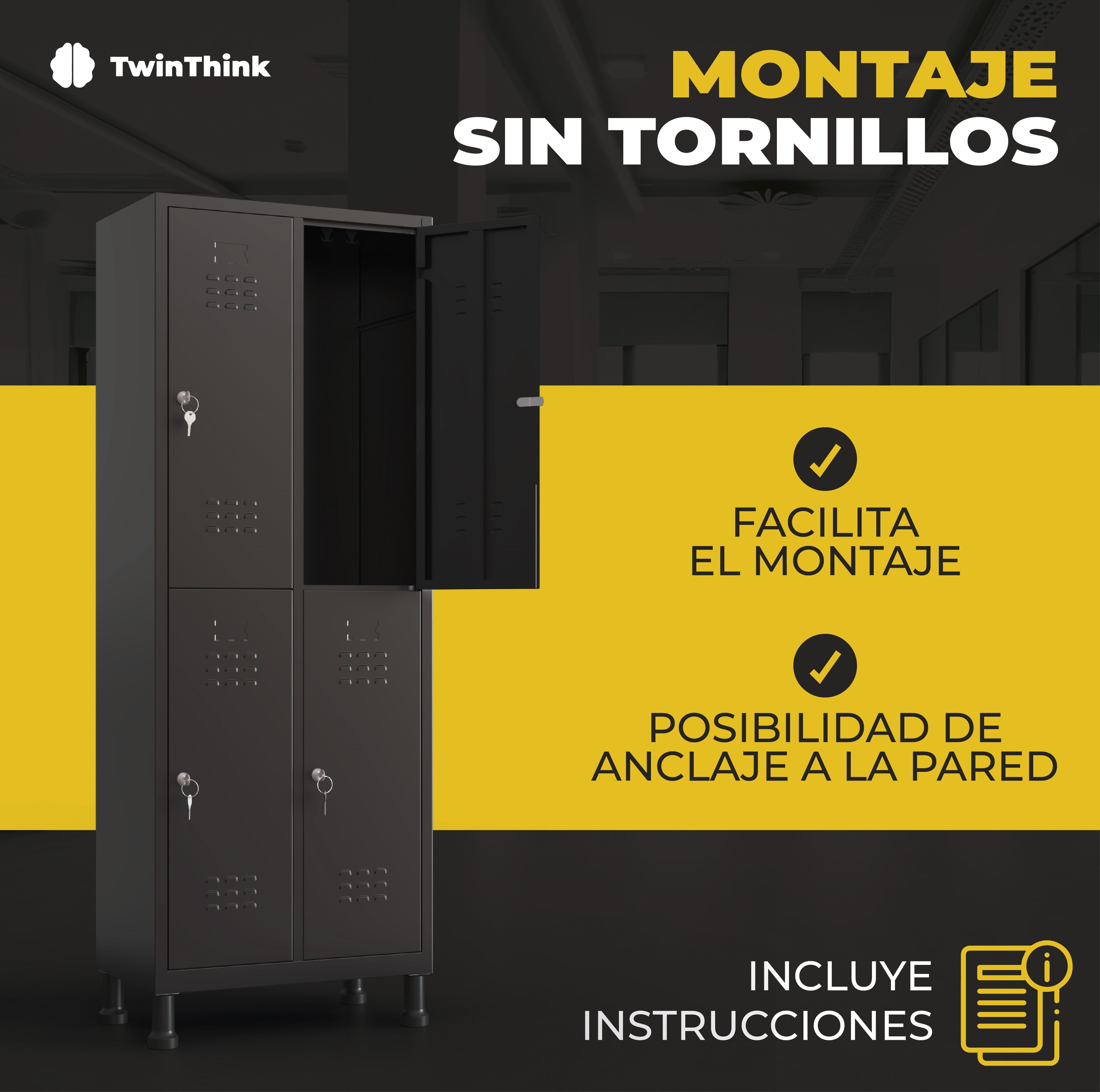Taquilla metálica negra TwinThink de 4 puertas con montaje fácil sin tornillos e instrucciones incluidas.