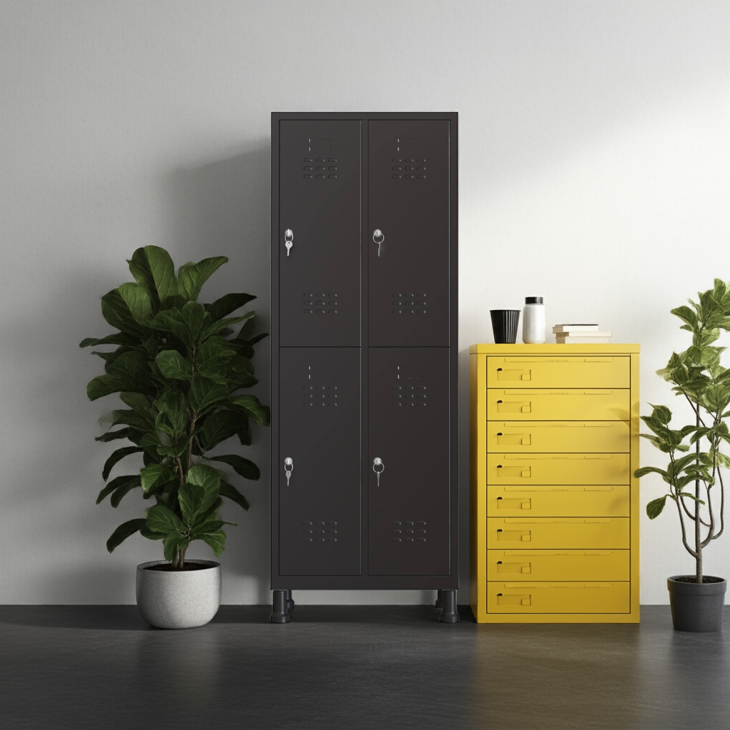 Taquilla metálica negra de 4 puertas TwinThink en sala decorada con plantas y muebles modernos