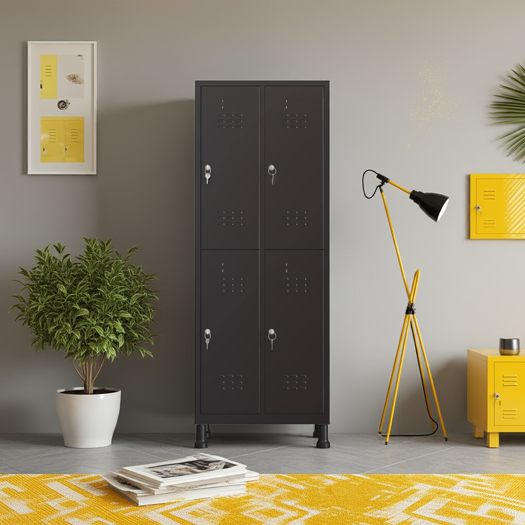 Taquilla metálica negra de 4 puertas TwinThink en sala decorada con plantas y muebles modernos