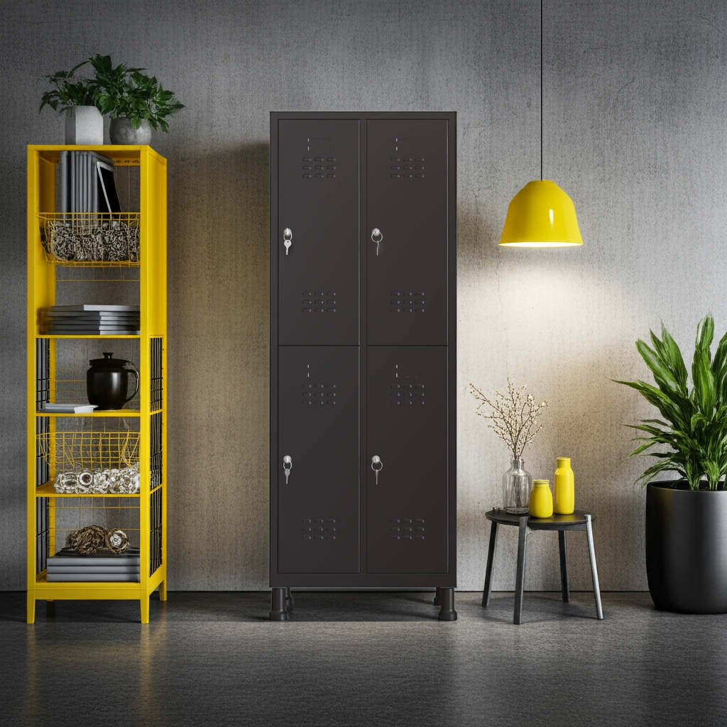 Taquilla metálica negra de 4 puertas TwinThink en espacio interior decorado con lámpara amarilla