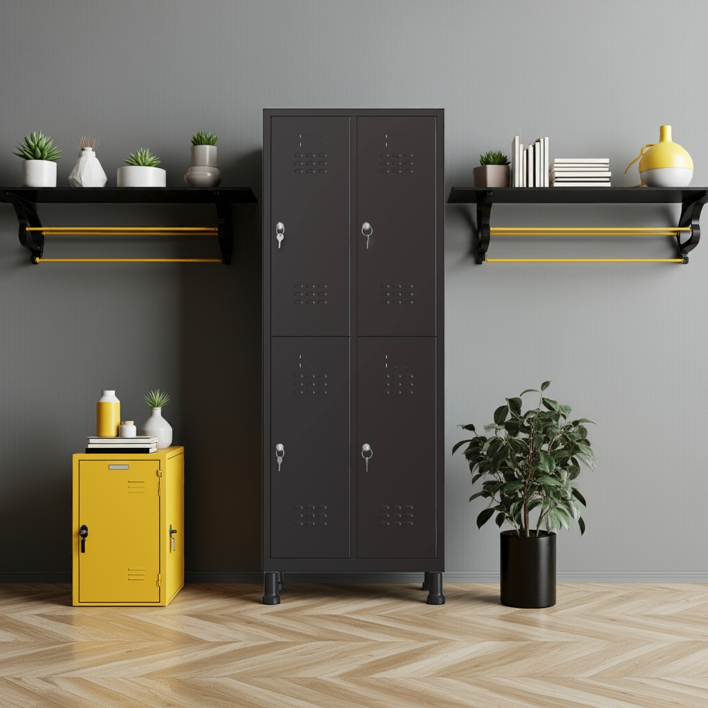 Taquilla metálica negra de 4 puertas TwinThink en ambiente industrial con iluminación cálida