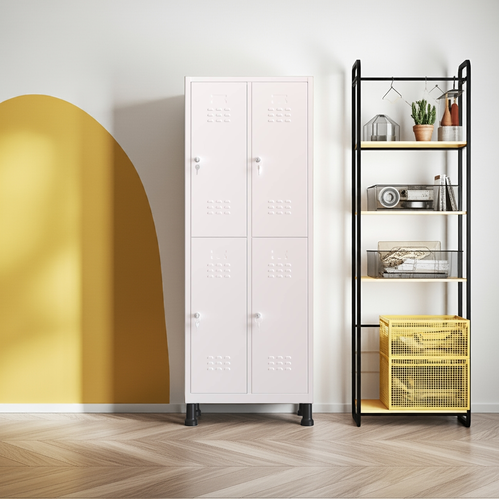 Taquilla metálica 4 puertas negro TwinThink, vista frontal cerrada, diseño elegante y seguro para empresas.