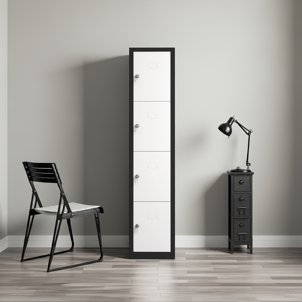 Taquilla metálica 4 puertas TwinThink blanca y negra estilo lifestyle en habitación moderna con silla y lámpara