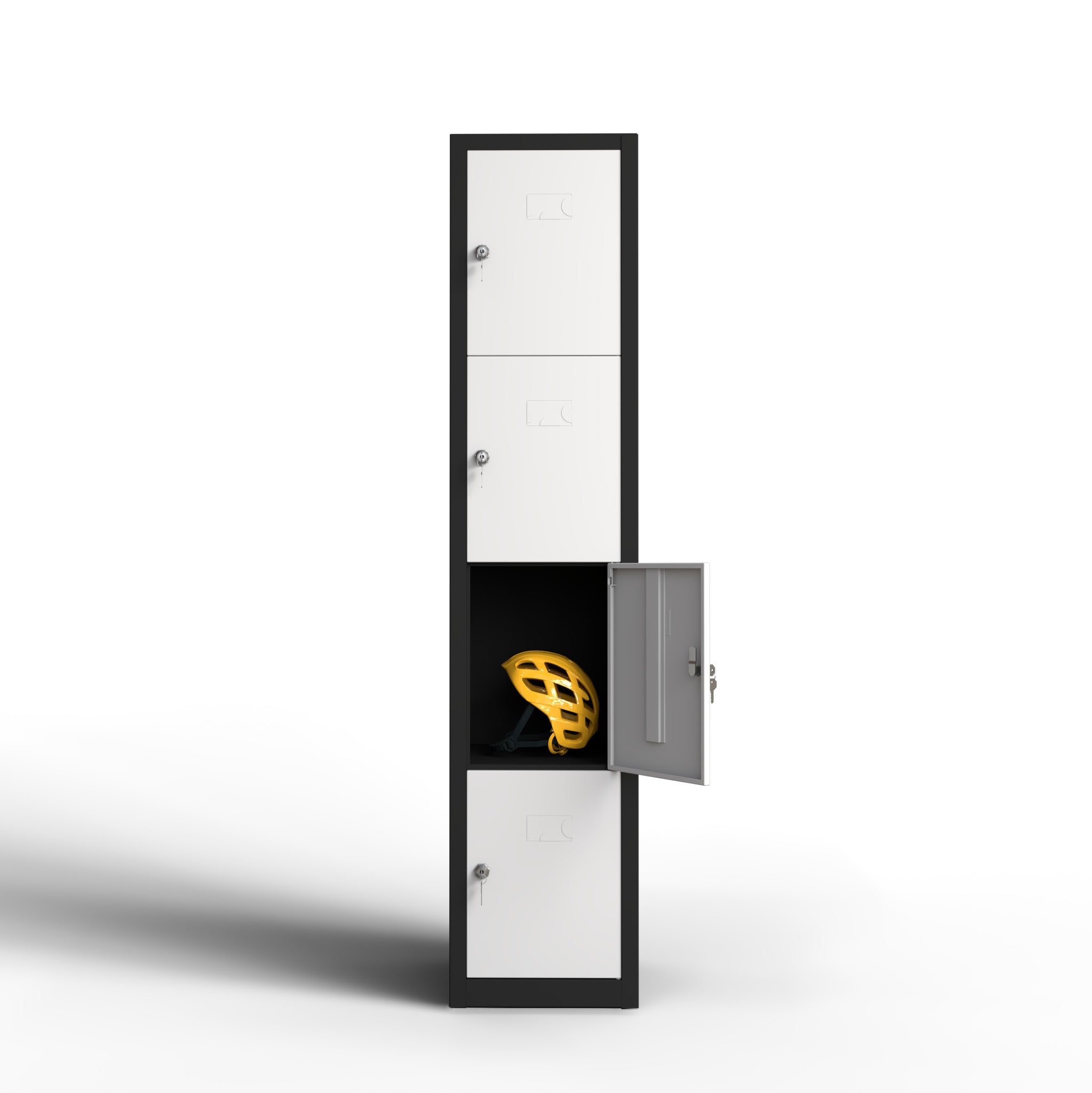 Taquilla metálica 4 puertas TwinThink blanco y negro vista frontal con puerta abierta y casco de seguridad en su interior