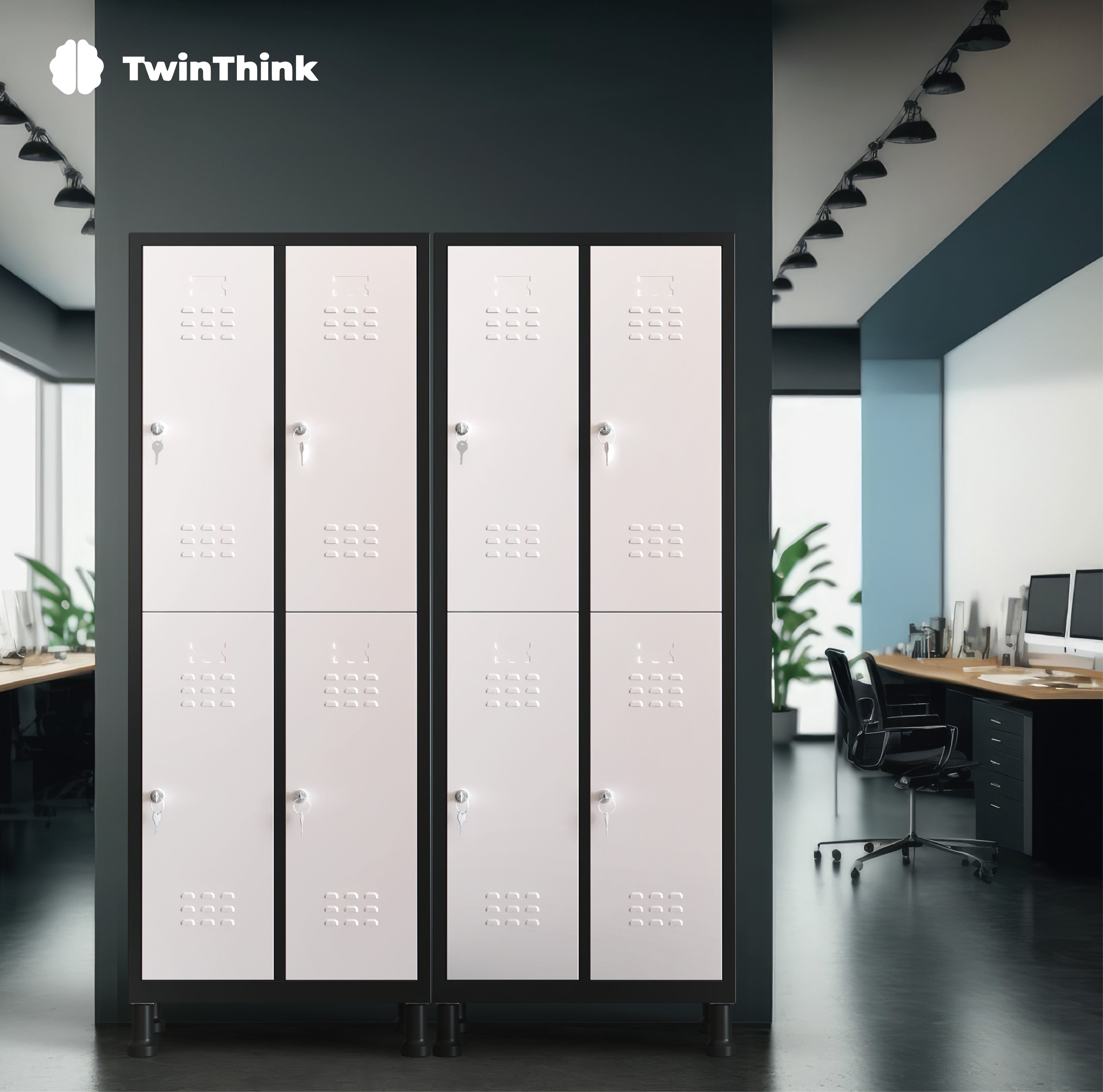 Taquilla metálica de 6 puertas TwinThink en color blanco con marco negro, ideal para oficinas, colegios, gimnasios e industrias, con cerradura y llave en cada compartimento.