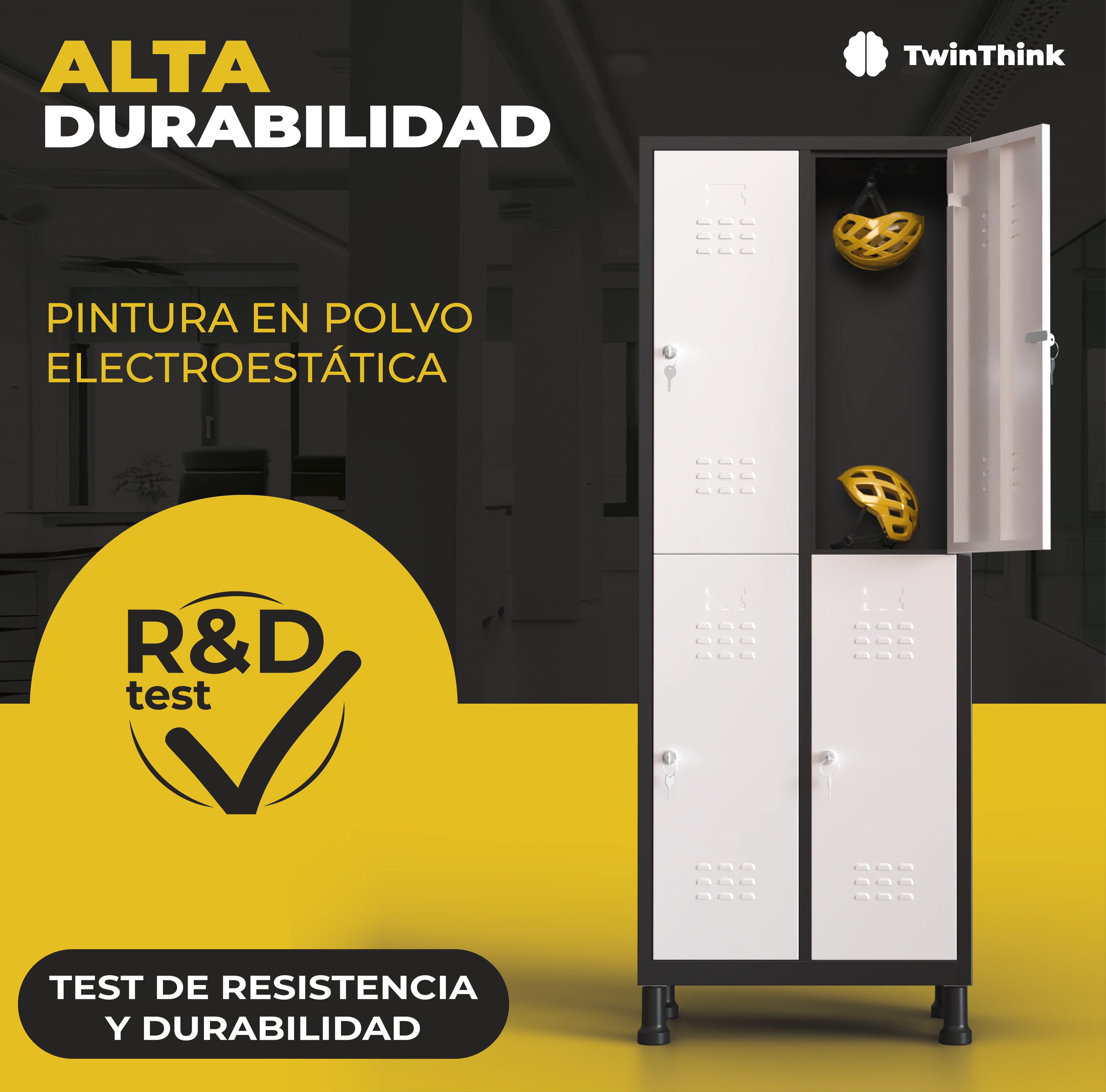 Taquilla metálica de 6 puertas TwinThink en color blanco con marco negro, con pintura en polvo electrostática y test de resistencia y durabilidad certificado.