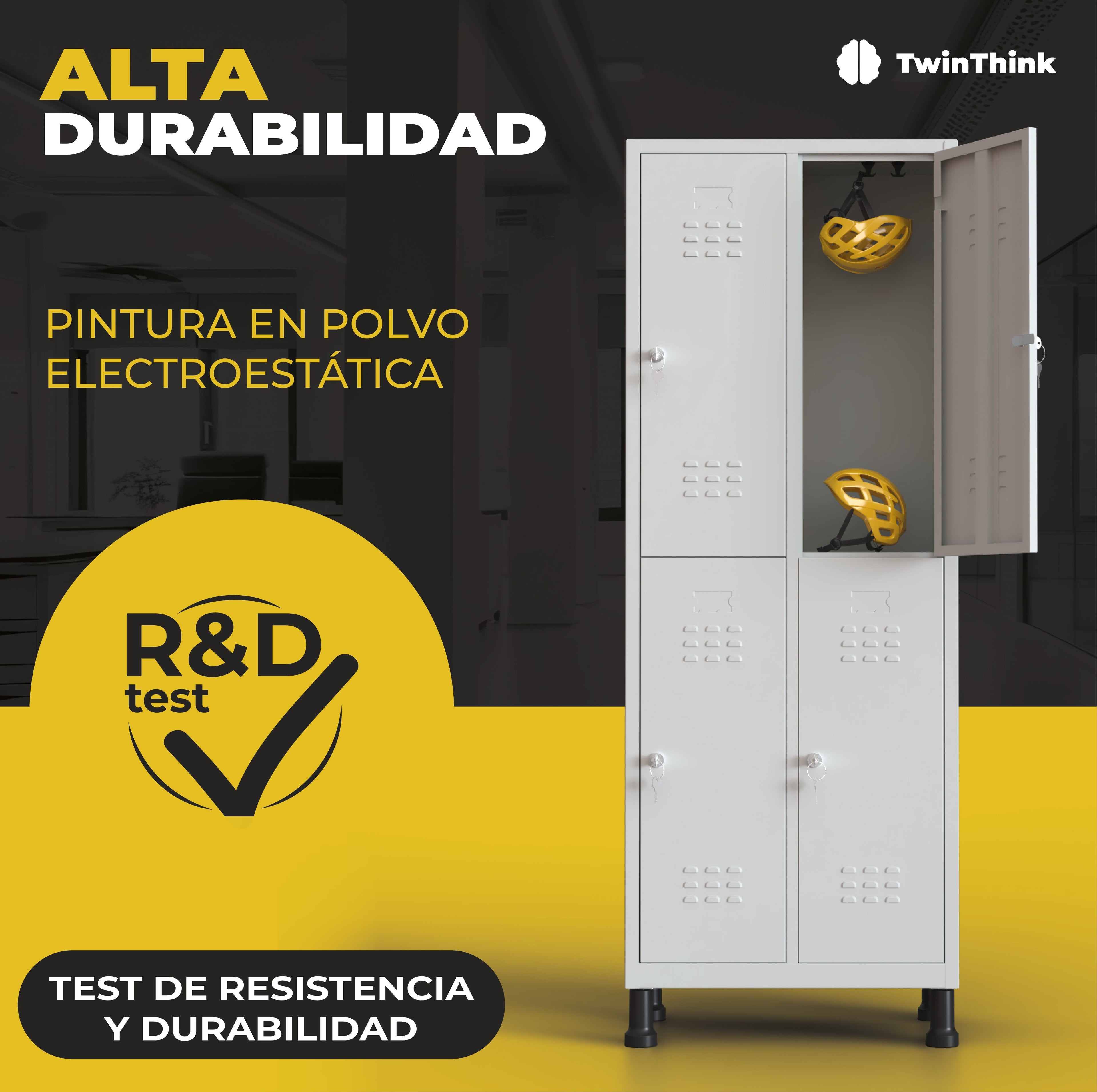 Taquilla metálica blanca 6 puertas con pintura en polvo electrostática TwinThink, test de resistencia y durabilidad.