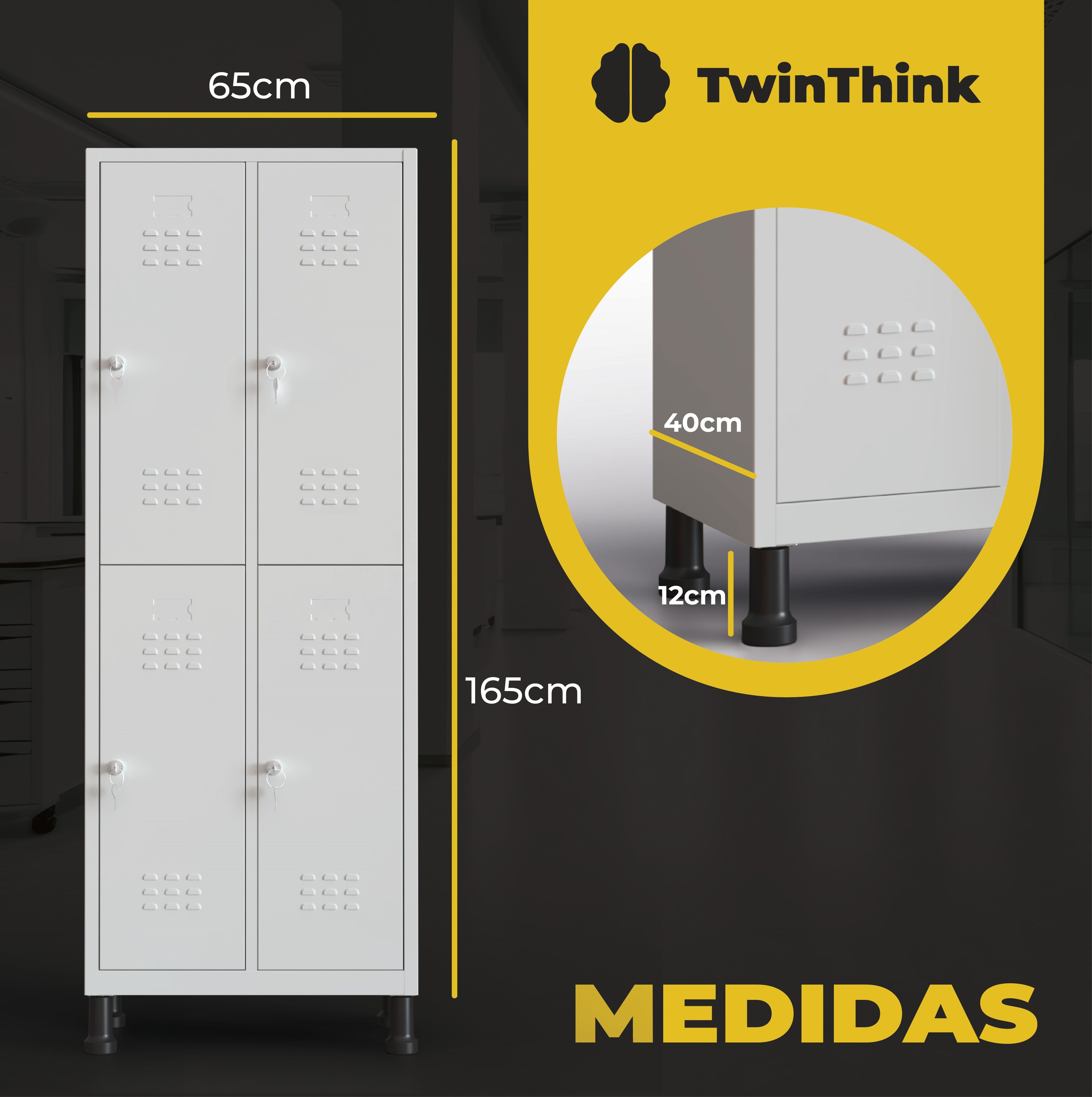 Medidas taquilla metálica blanca 6 puertas TwinThink, alto 165 cm, ancho 65 cm, profundidad 40 cm, patas de 12 cm.