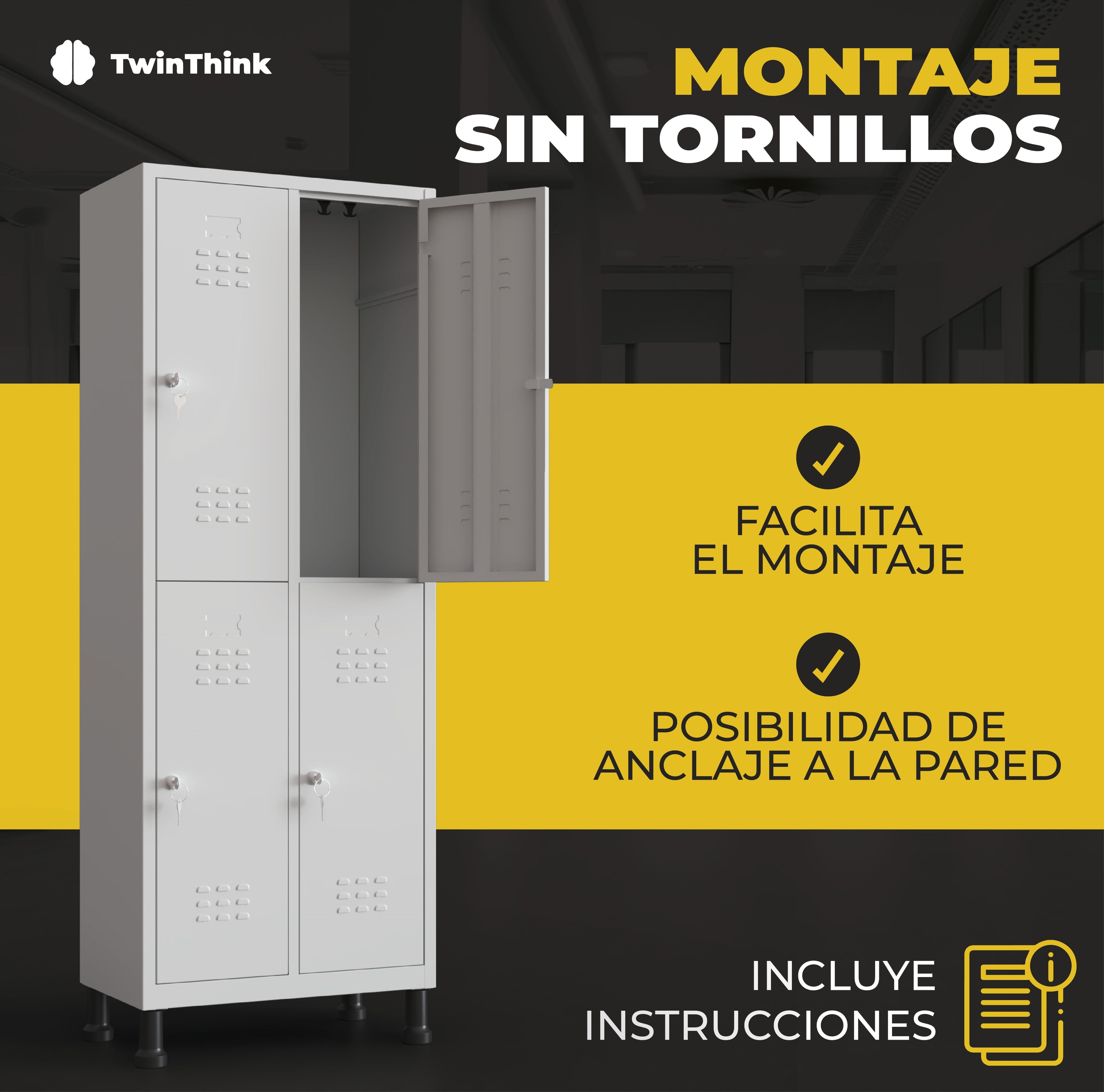 Montaje fácil sin tornillos de taquilla metálica blanca 6 puertas TwinThink, incluye instrucciones y opción de anclaje a la pared.