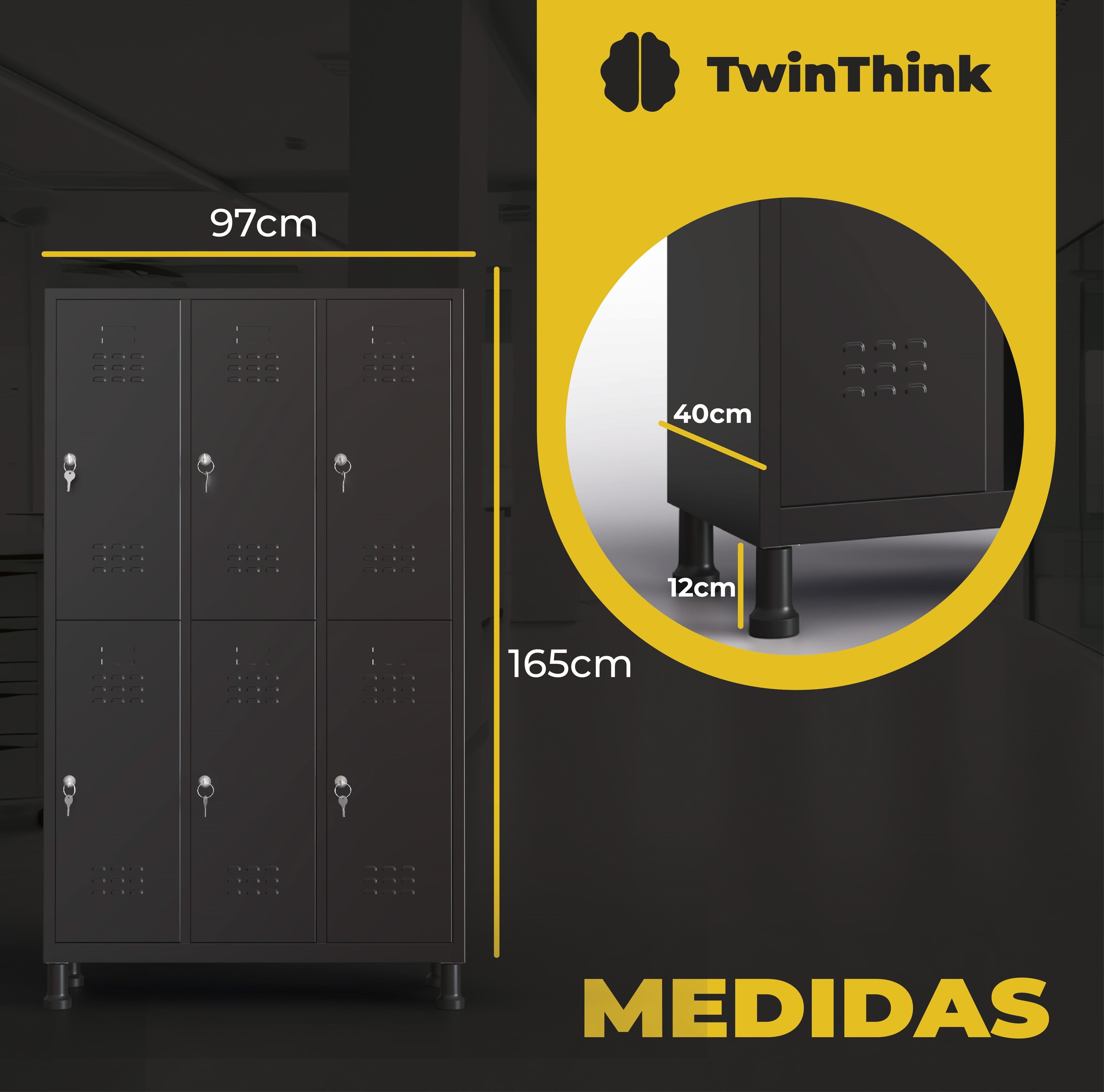 Taquilla metálica TwinThink de 6 puertas gris con llaves, medidas 165x97x40 cm, diseño compacto y funcional.